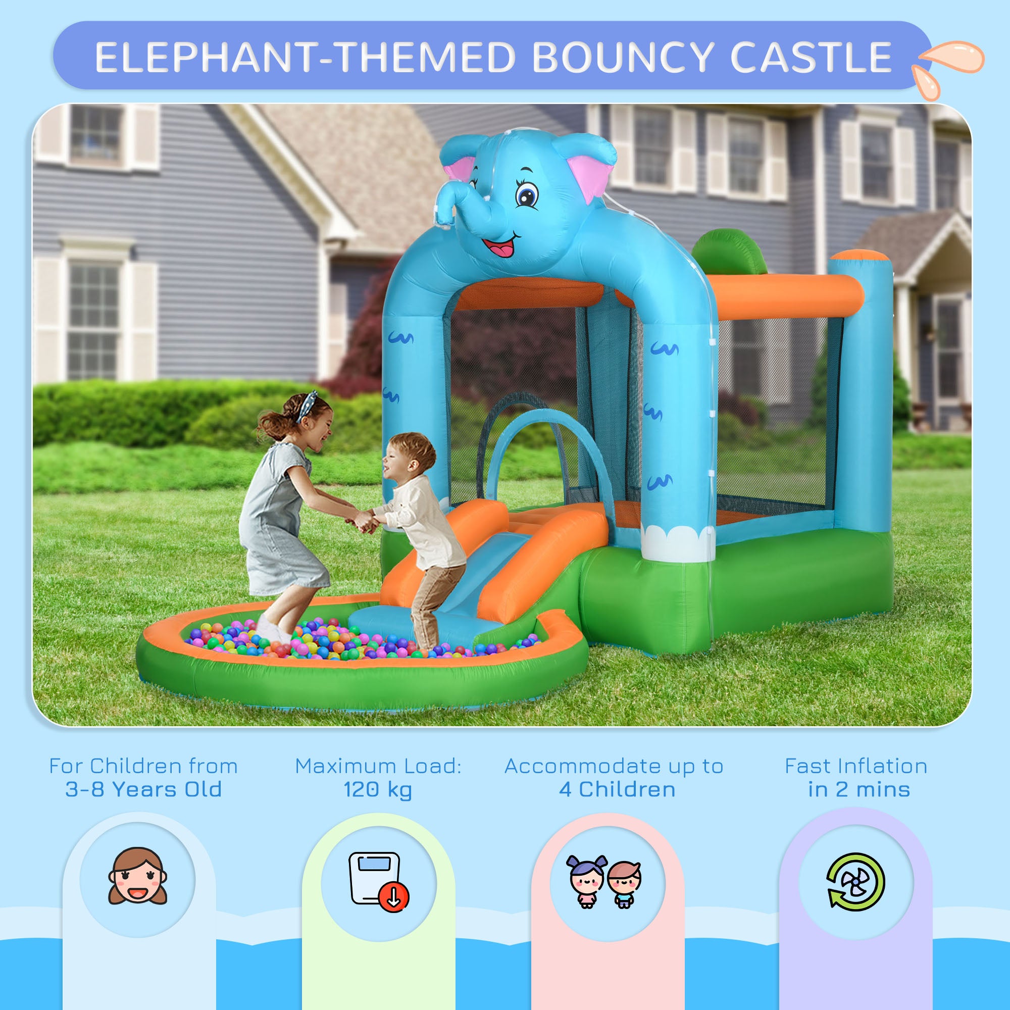 4 in 1 Elephant-Themed Inflatable Water Park, Kids Bouncy Castle, for Ages 3-8 Years - Multicoloured