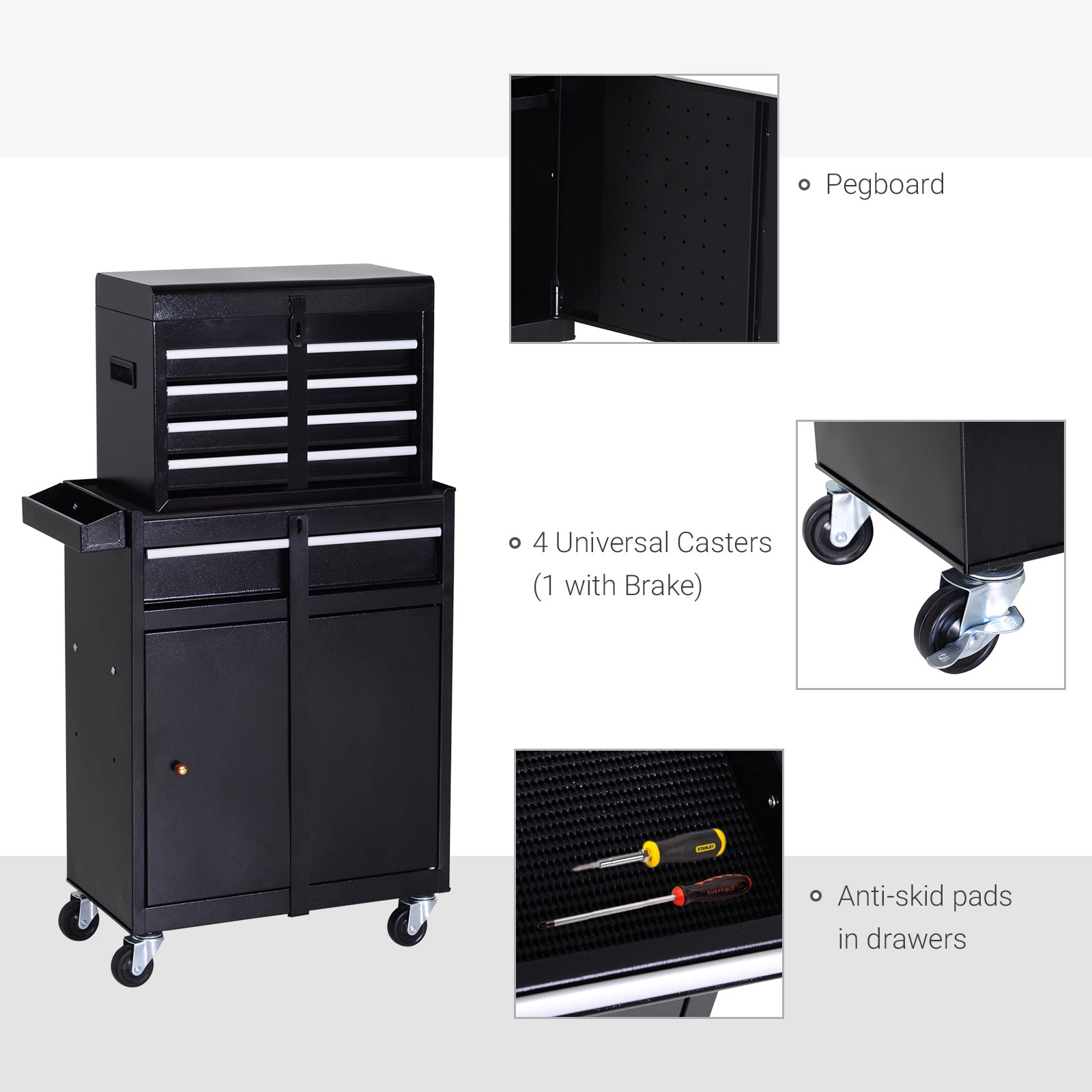 Tool Chest 2 in 1 Metal Tool Cabinet Storage Box with 5 Drawers Pegboard Wheels 60x28x104.5cm Black