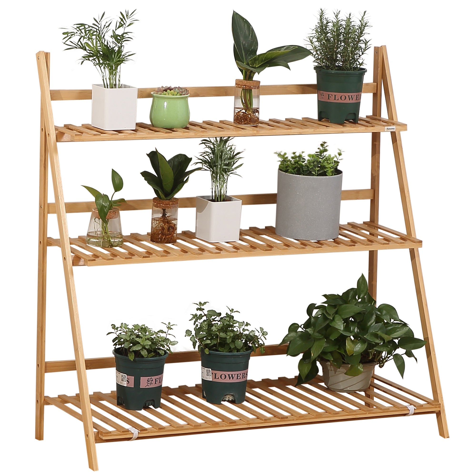 3-Tier Plant Stand, Plant Shelf Rack, Folding Bamboo Display Stand, 98x37x96.5cm, Natural