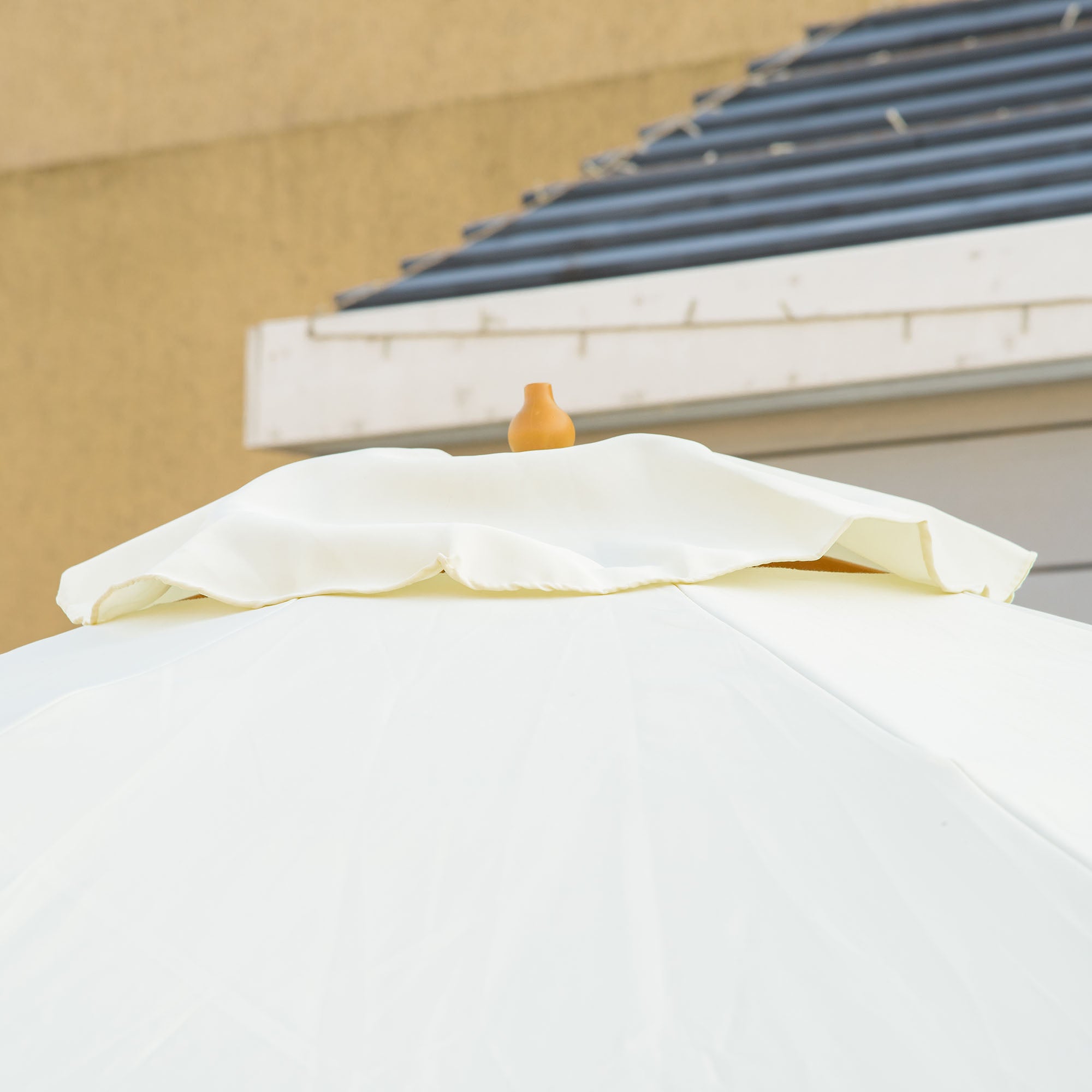 3.3m Patio Umbrella with Bamboo Ribs and Wood Pole, Ruffled Canopy - Beige