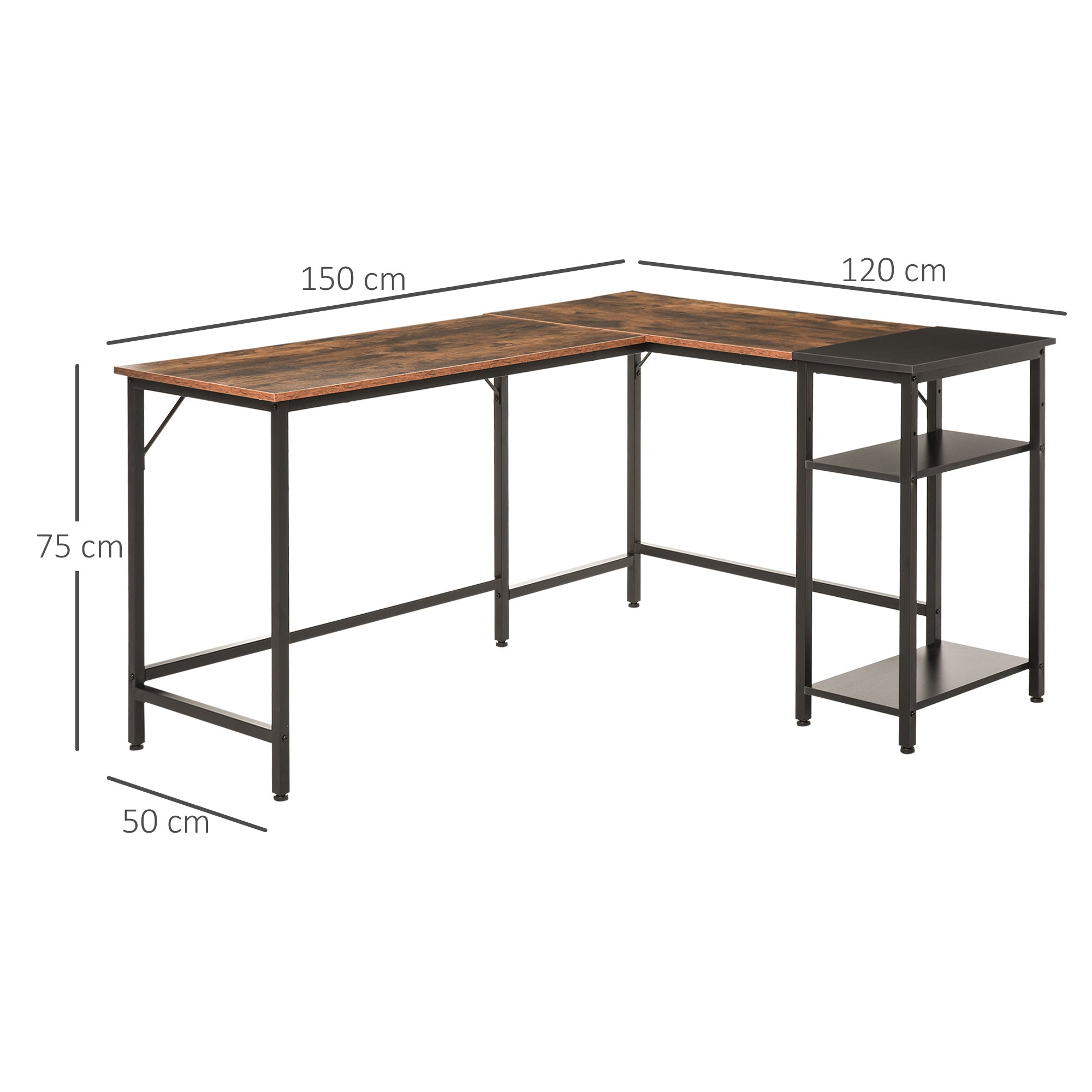 L-Shaped Computer Desk Industrial Cornor Writing Desk with Adjustable Storage Shelf Space-Saving Home Office Workstation Rustic Brown