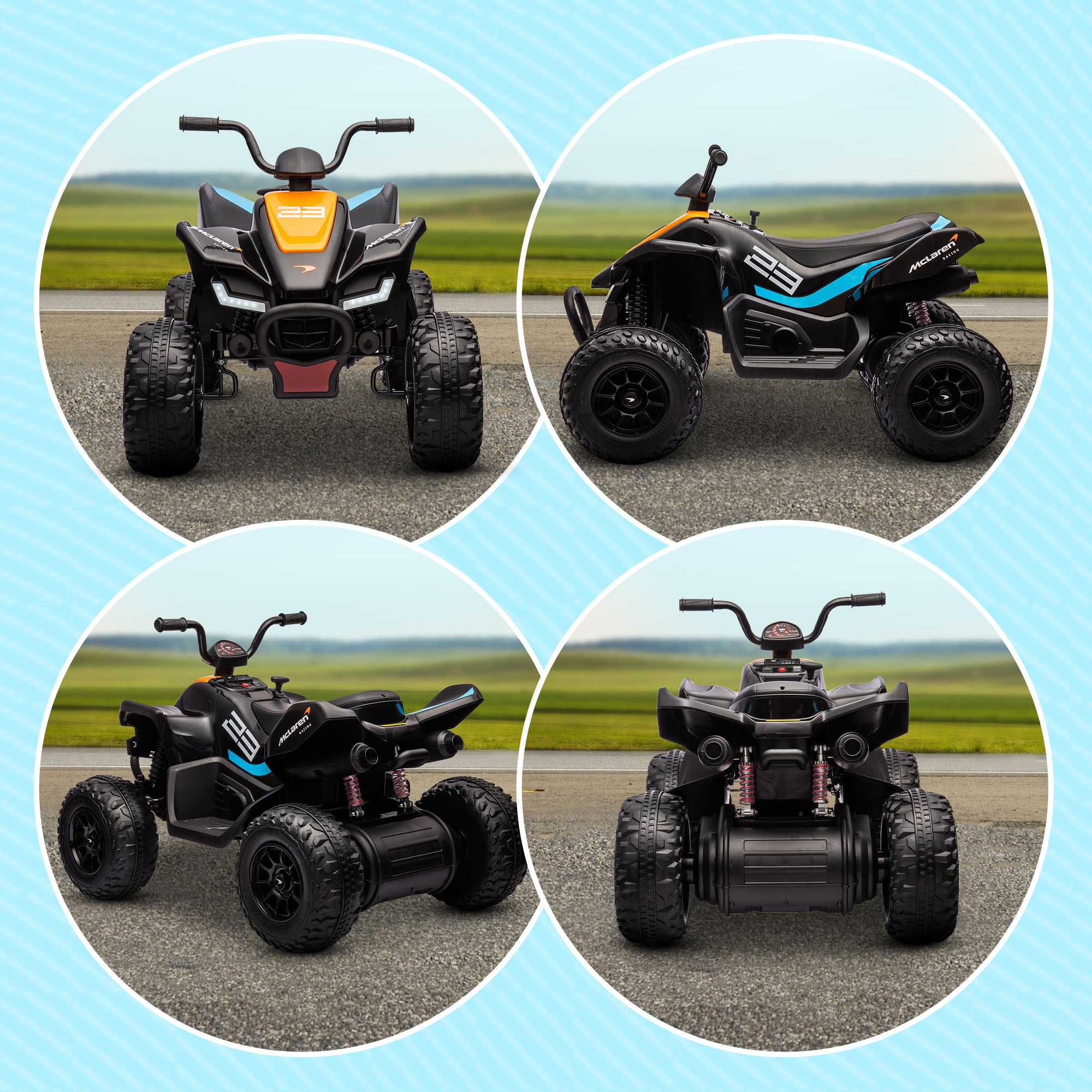 Mclaren Licensed 12V Quad Bike with Slow Start, Music, Headlights, MP3 Slot, Suspension Wheels, for 3-8 Years - Black