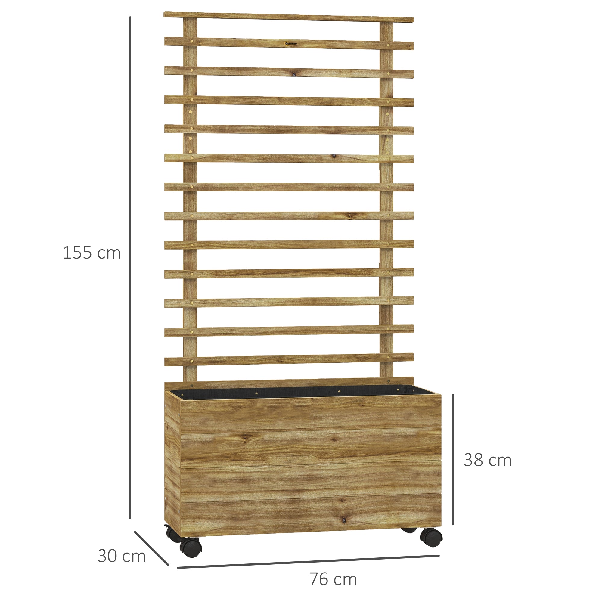 Wooden Garden Raised Bed with Trellis, Planter Box with 4 Wheels for Climbing Plants, 76x30x155cm, Natural