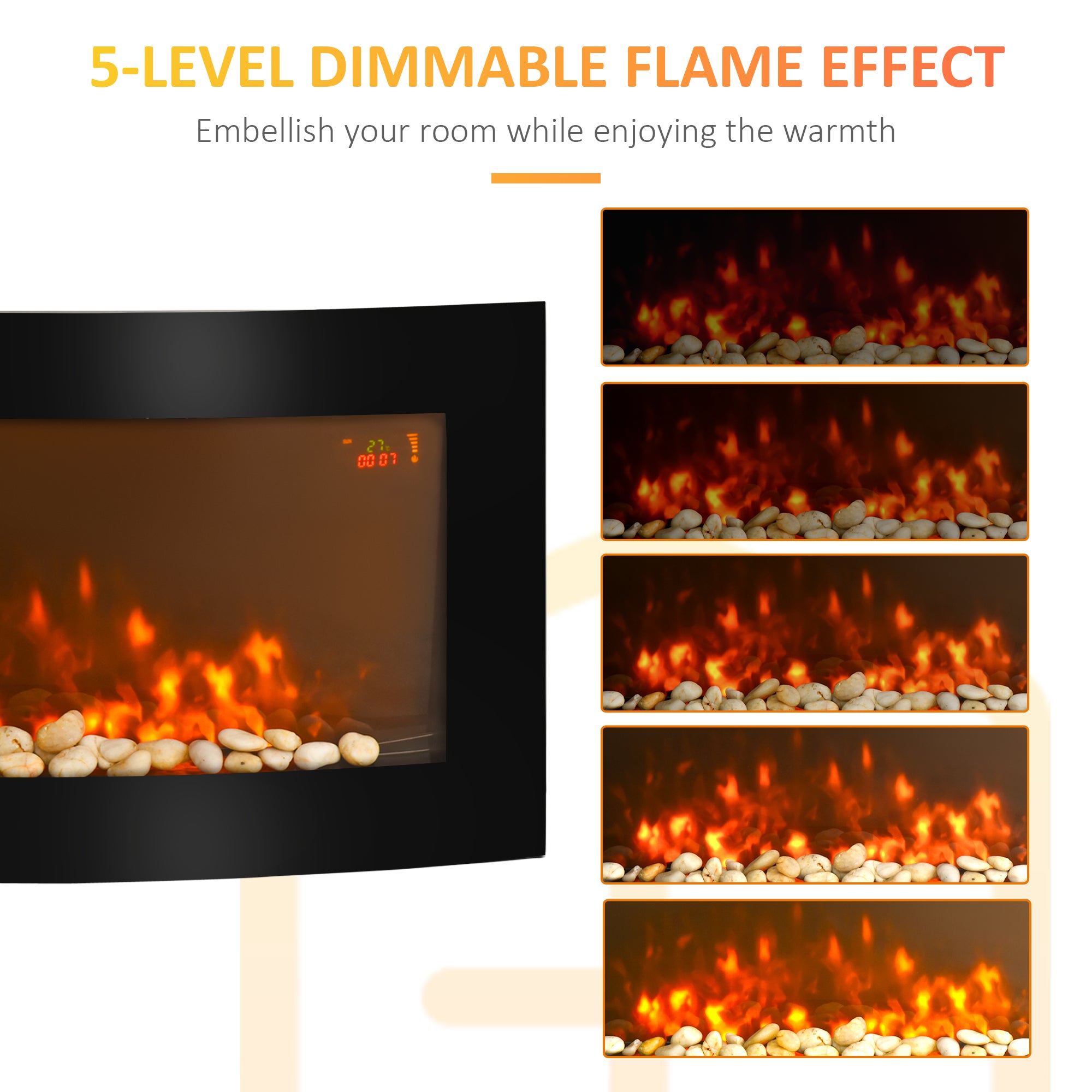 Led Wall Mounted Fireplace Curved Glass Electric Fire Place Fire Place 7 Colour Side Lights Slimline, 1000/2000W, 89.2cm x 48cm