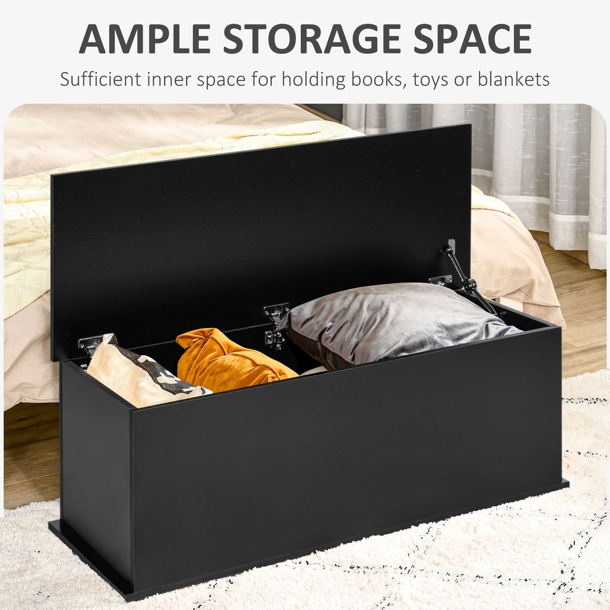 Wooden Storage Box Clothes Toy Chest Bench Seat Ottoman Bedding Blanket Trunk Container with Lid - Black