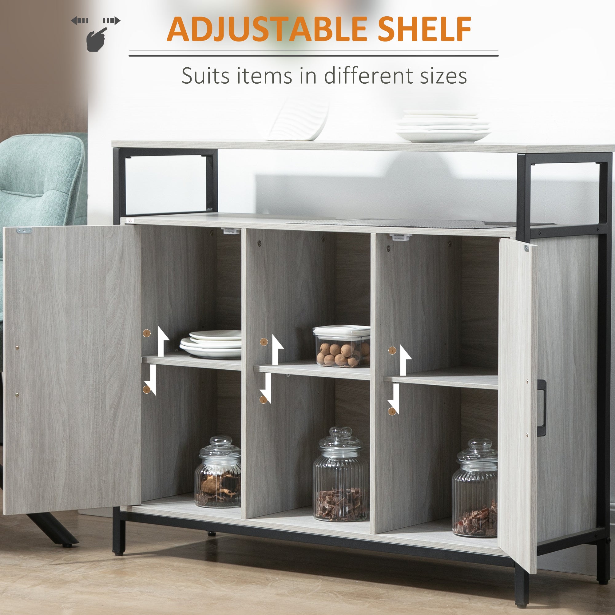 Modern Sideboard, Steel Frame Storage Cabinet with 2 Doors and Adjustable Shelves for Living Room, Hallway, Light Grey