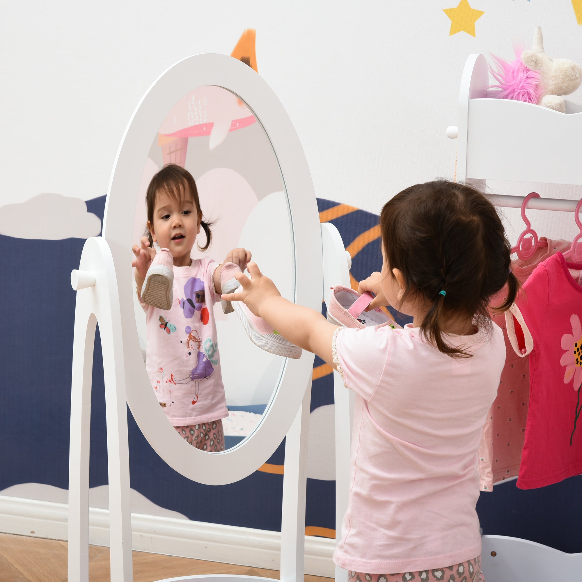 Kids Clothes Rail and Mirror Set 360° Rotation Free Standing Full Length Mirror and Hanging Rack with Storage Shelves Dressing Mirror White