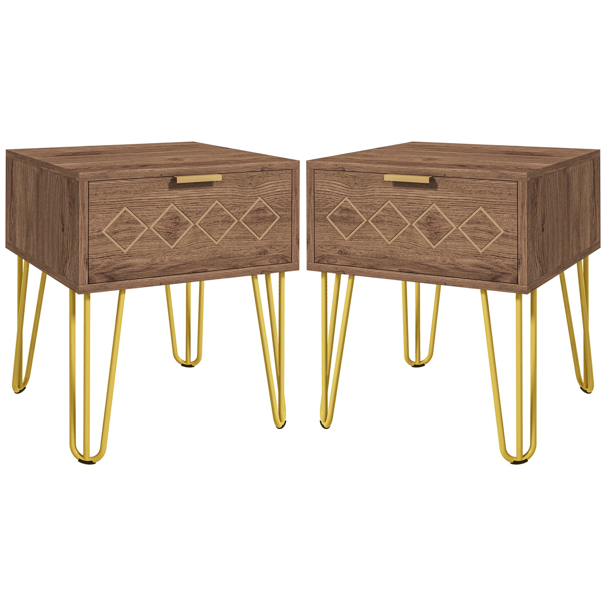 Bedside Table Set of 2 with Drawer, Wooden Nightstand, Modern Sofa Side Table with Gold Tone Metal Legs for Bedroom