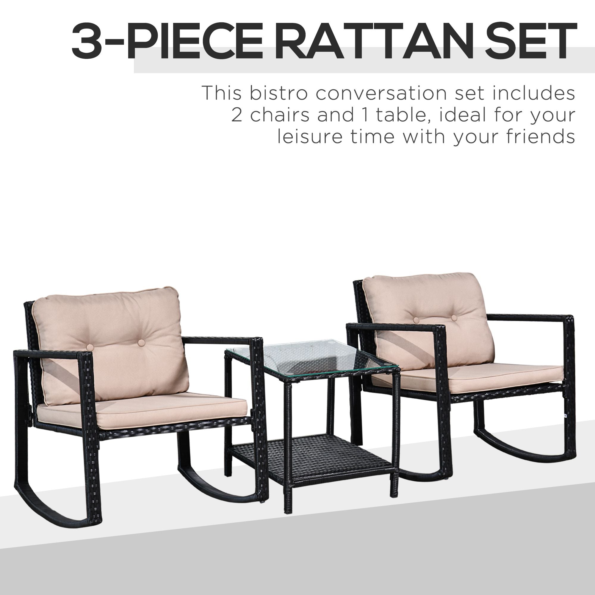 2 Seater Rattan Rocking Set Patio Bistro Table Chairs Conversation w/ Cushion