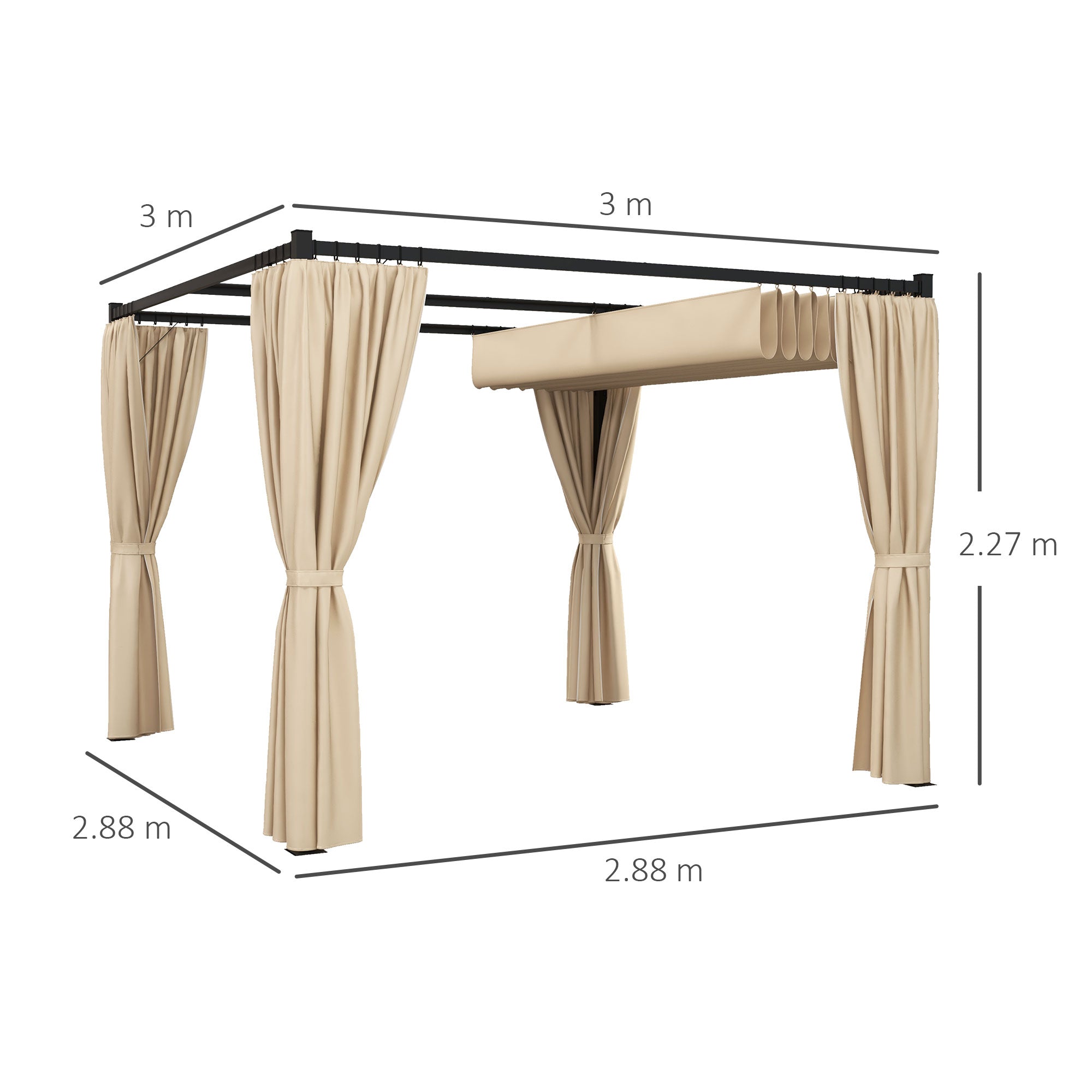 3 x 3 Metre Retractable Pergola with Curtains and Durable Metal Frame - Beige