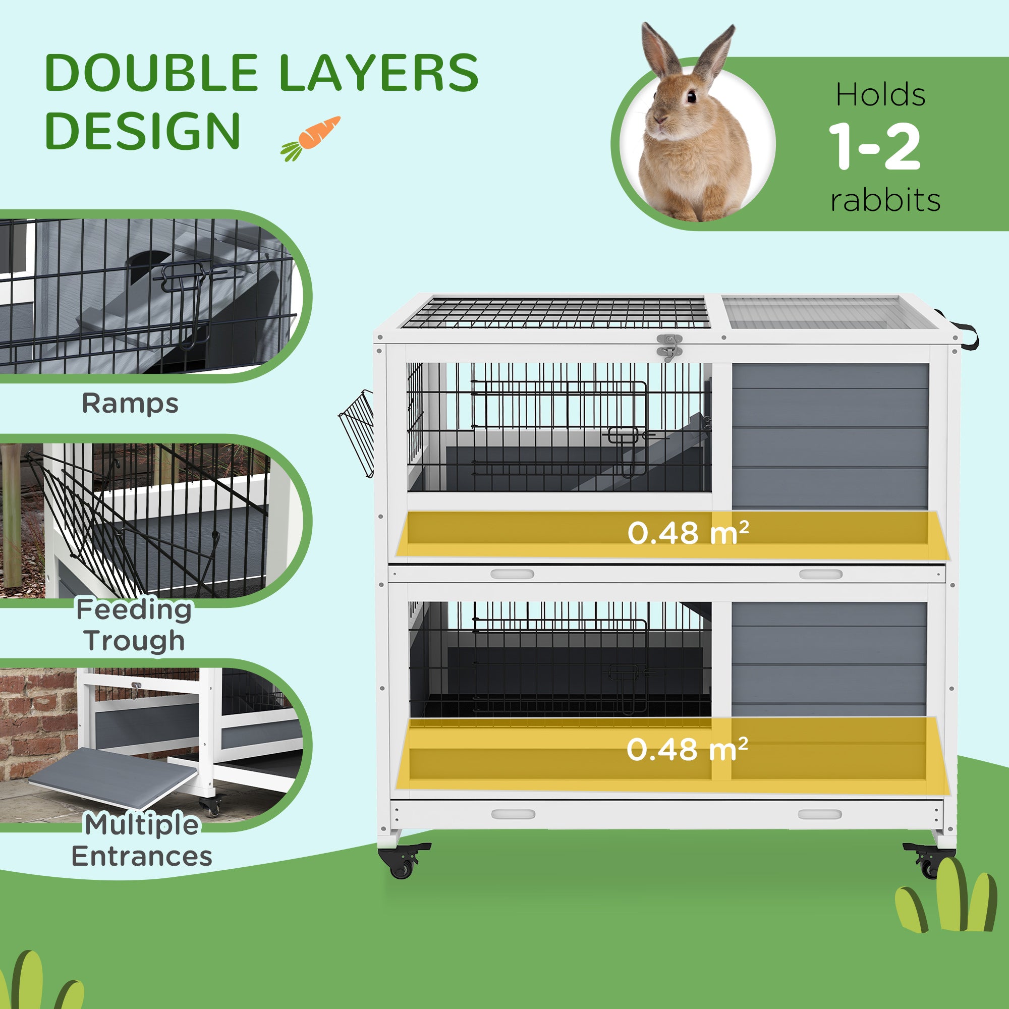 Double Deckers Guinea Pig Cage Rabbit Hutch Indoor with Feeding Trough, Trays, Ramps, Openable Top - Grey