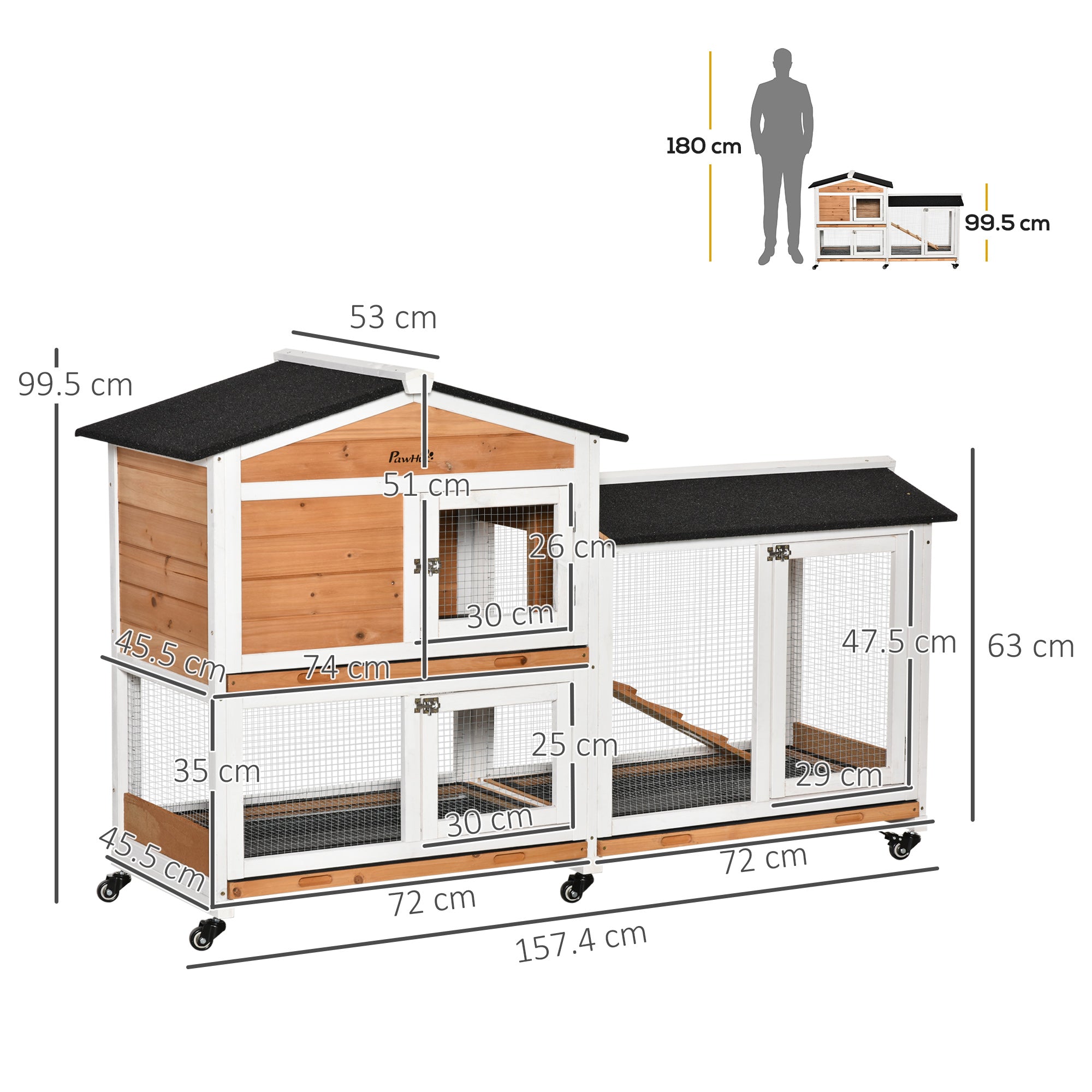 Two-Tier Wooden Rabbit Hutch Mobile Guinea Pig Cage Bunny Run w/ Wheels, Run, Slide-Out Tray, Ramp