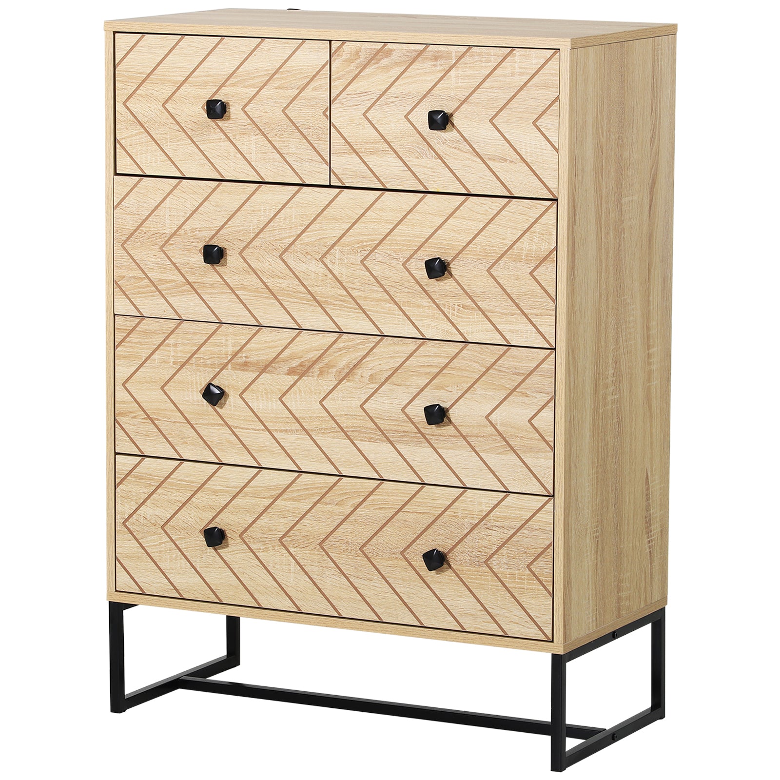 5 Drawer Chest Sideboard Cabinet Storage Unit Bedroom Home Unique Zig Zag Design w/ Black Metal Handles Anti Tip & Top