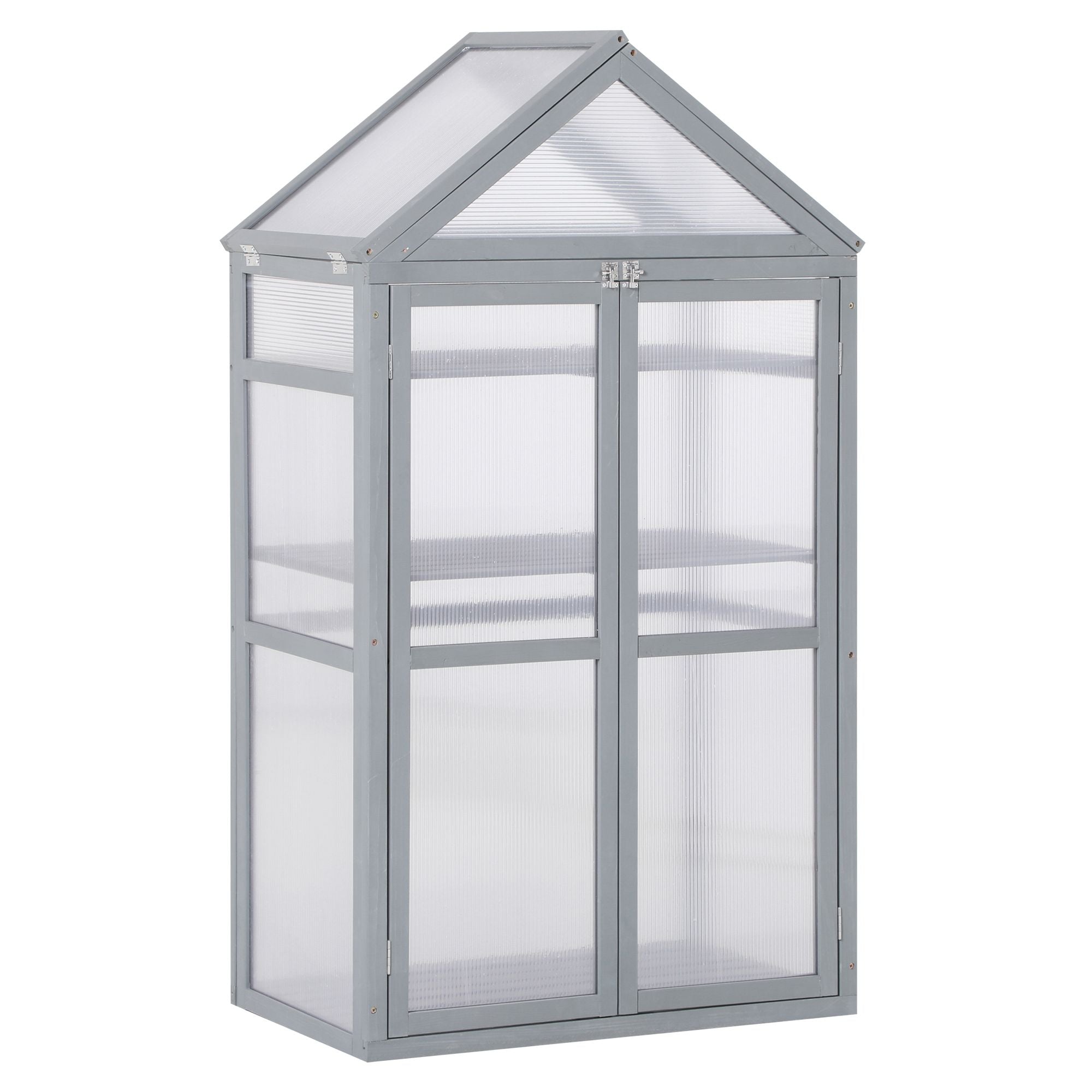 3-Tier Wooden Cold Frame Greenhouse Garden Polycarbonate Grow House w/ Adjustable Shelves, Double Doors, 80 x 47 x 138cm, Grey