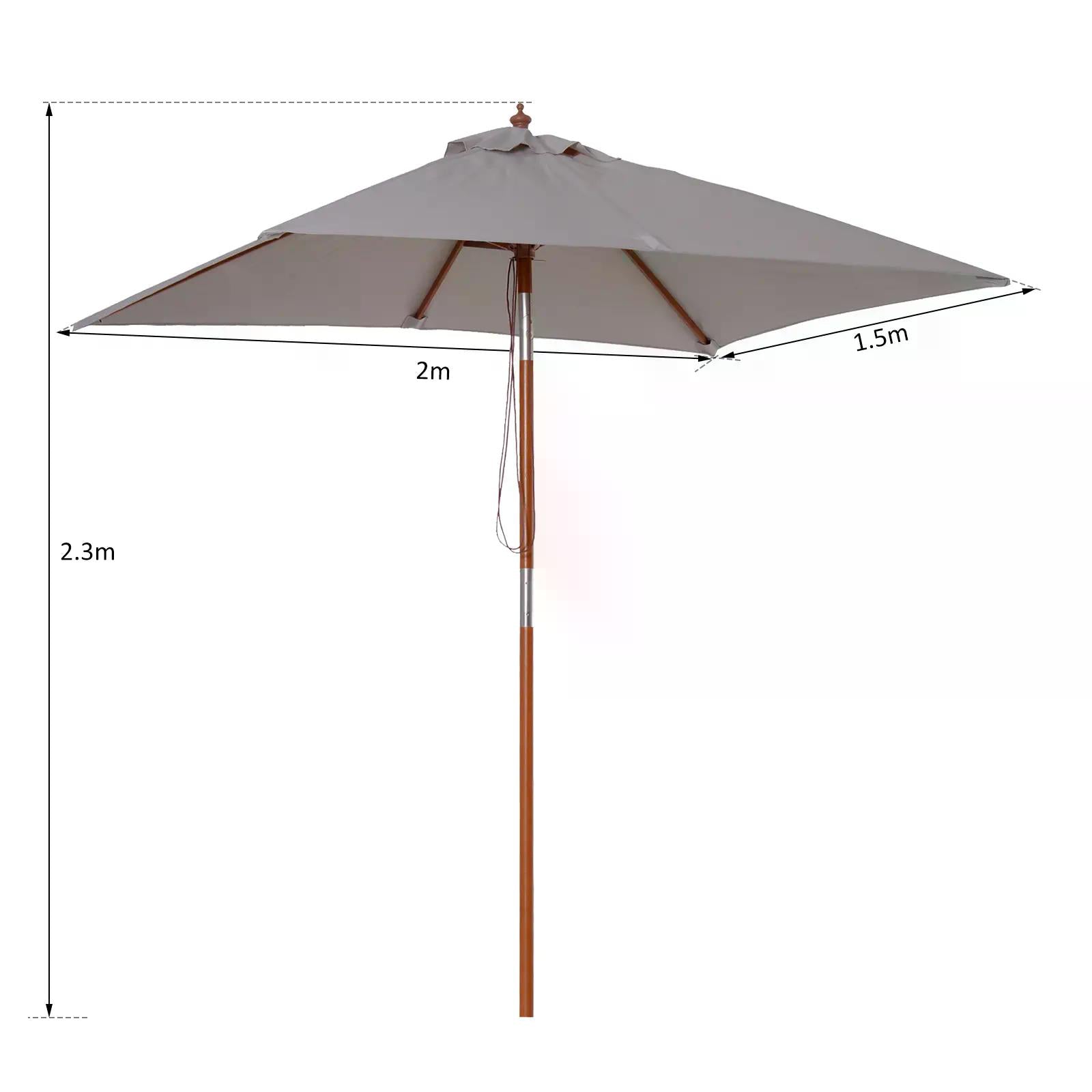 2m x 1.5m Patio Garden Parasol Sun Umbrella Sunshade Canopy Outdoor Backyard Furniture Fir Wooden Pole 6 Ribs Tilt Mechanism - Grey