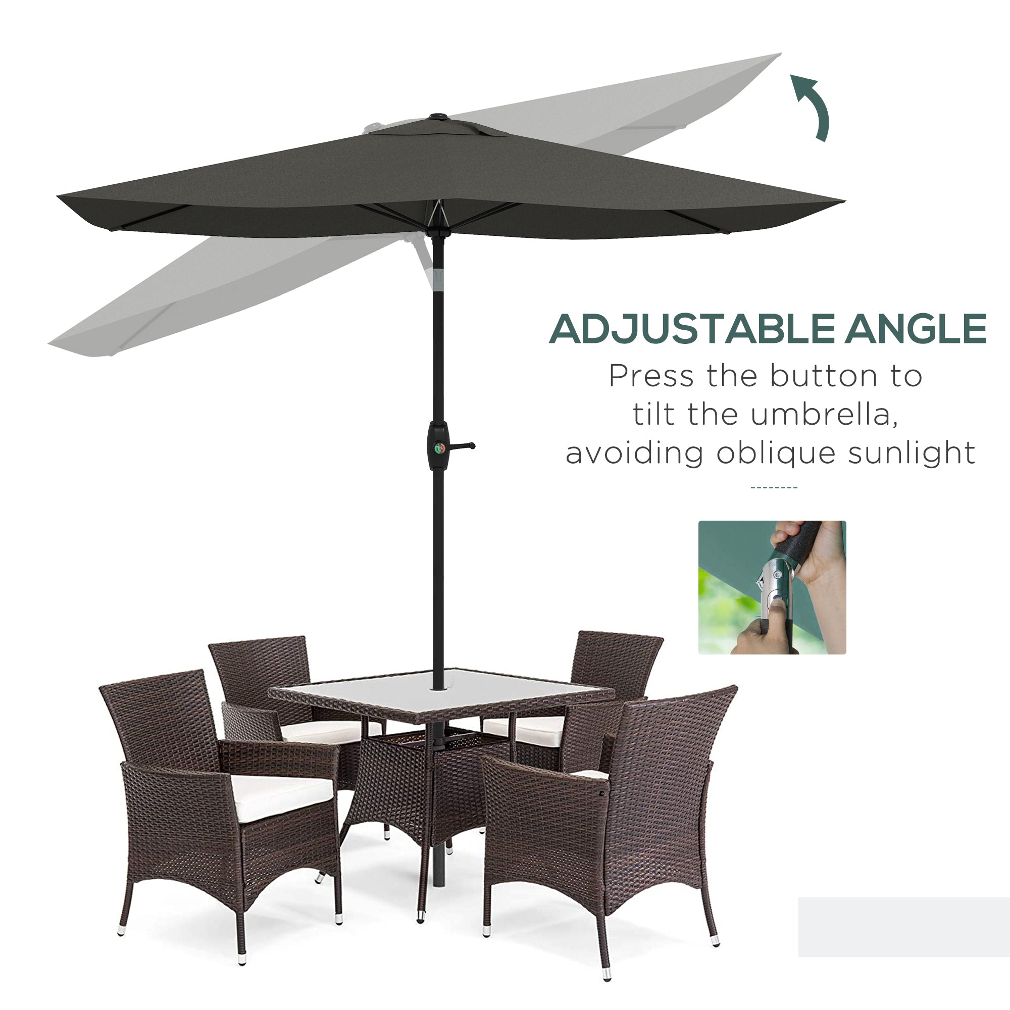 2 x 3(m) Garden Parasol Umbrella, Rectangular Outdoor Market Umbrella Sun Shade with Crank & Push Button Tilt, 6 Ribs, Aluminium Pole