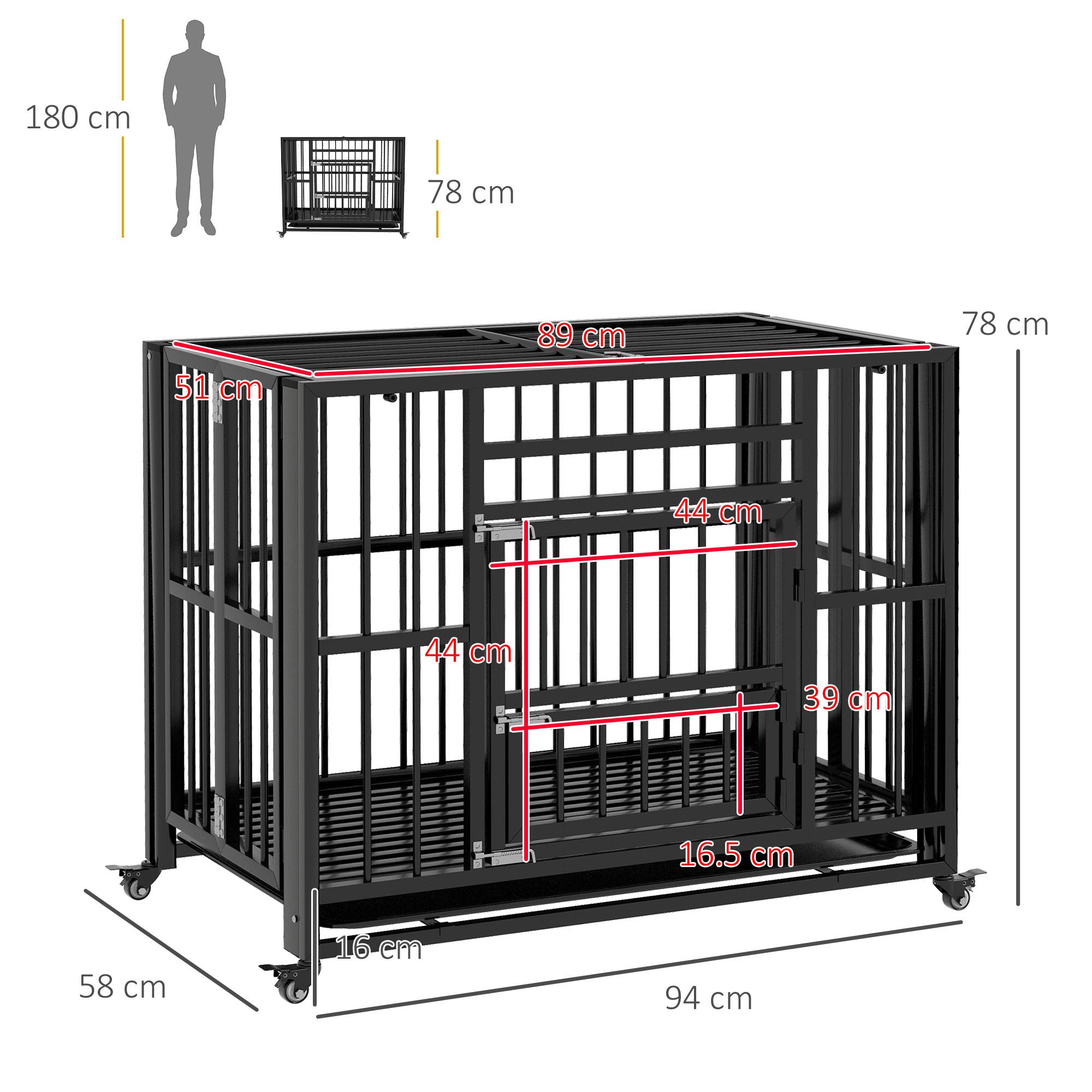 37" Heavy Duty Dog Crate, Foldable Dog Cage, with Openable Top, Locks, Removable Tray, Wheels - Black