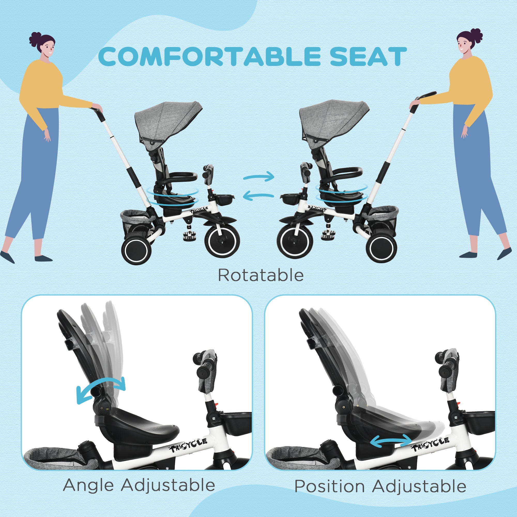 Multifunctional Kids Tricycle, with Rotatable Seat, Adjustable Push Handle - Grey