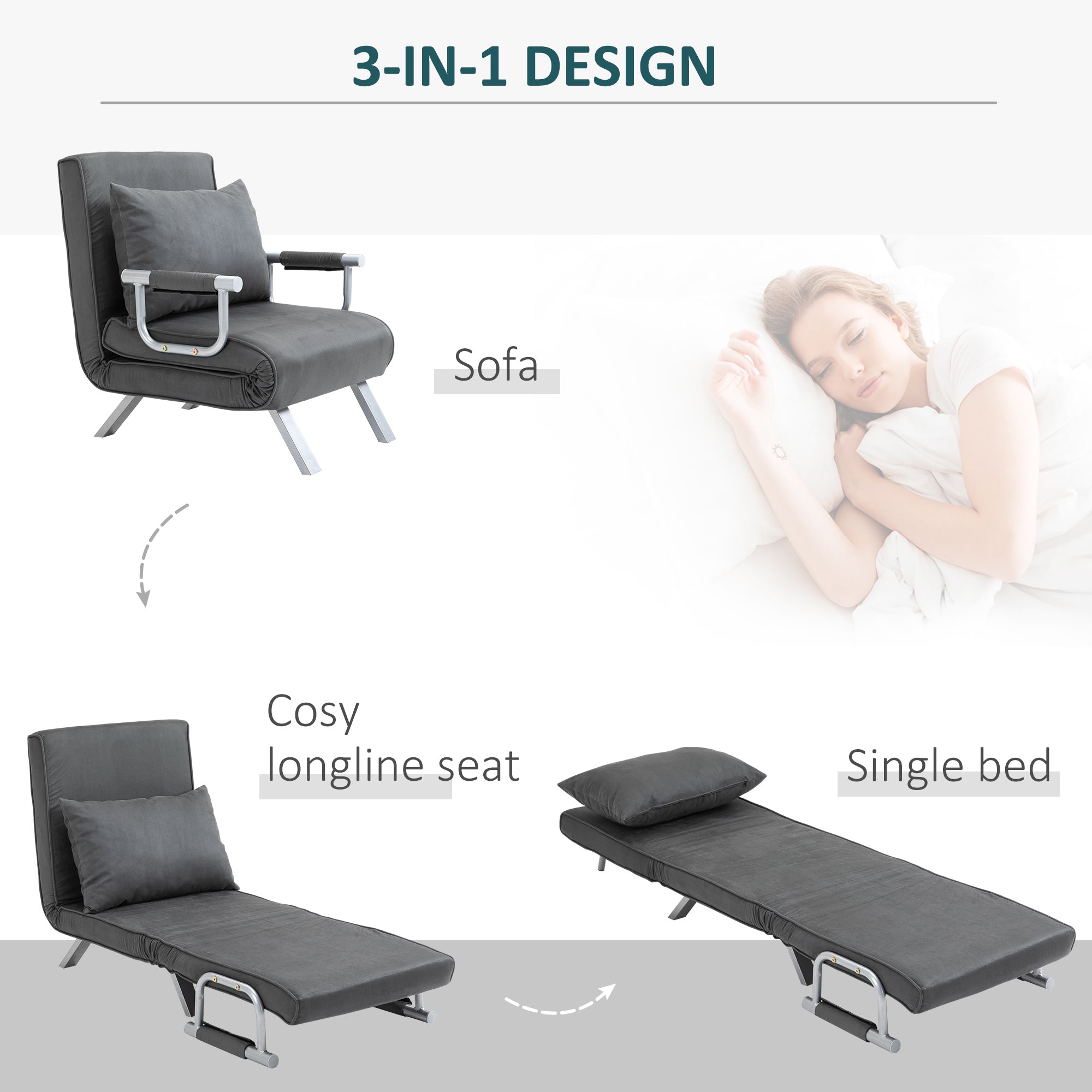 2-In-1 Design Single Sofa Bed Sleeper, Foldable Armchair Bed Lounge Couch w/ Pillow, Dark Grey