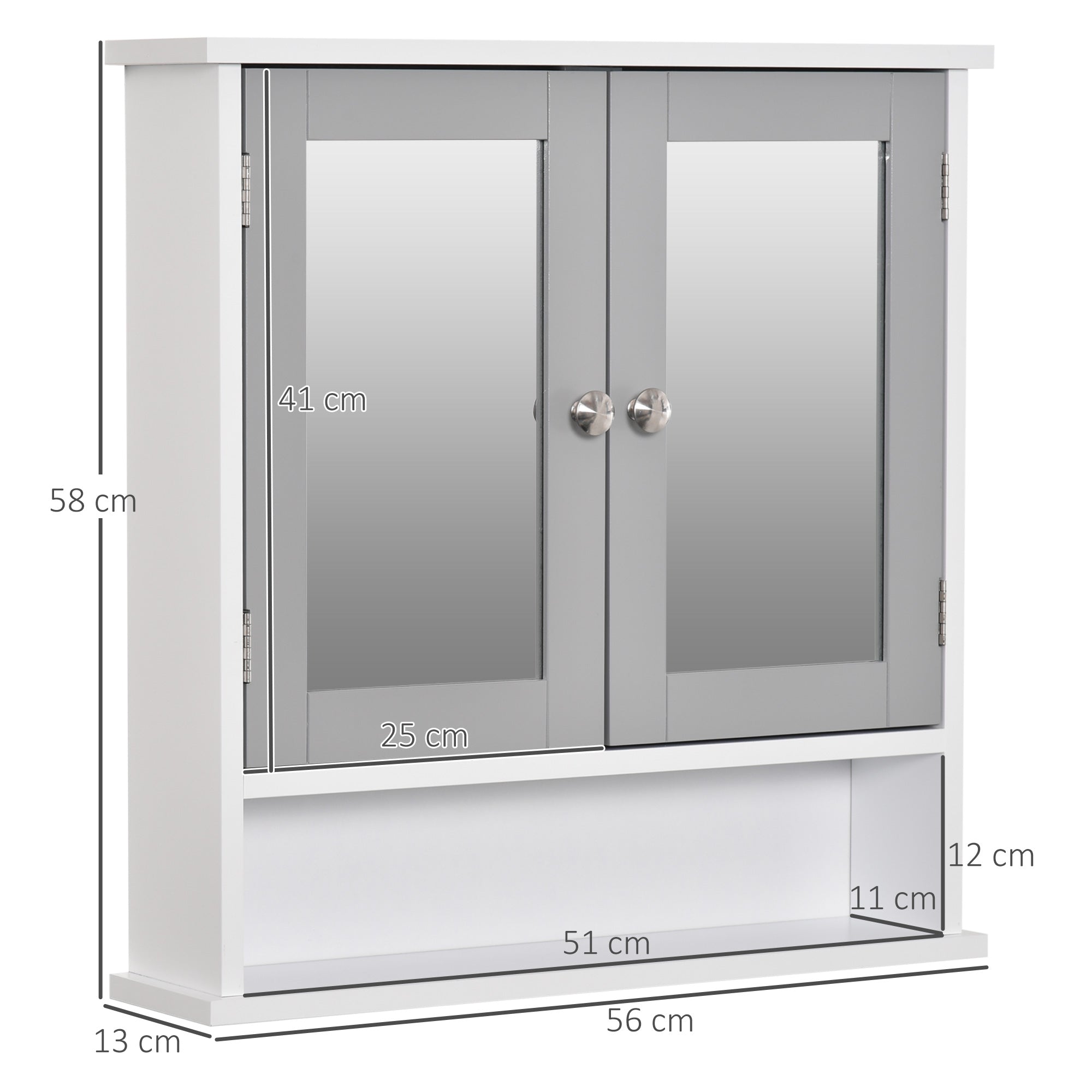 Bathroom Mirror Cabinet, Wall Mounted with Double Mirrored Doors, Organiser Wall Mounted, Cupboard and Shelf, Grey