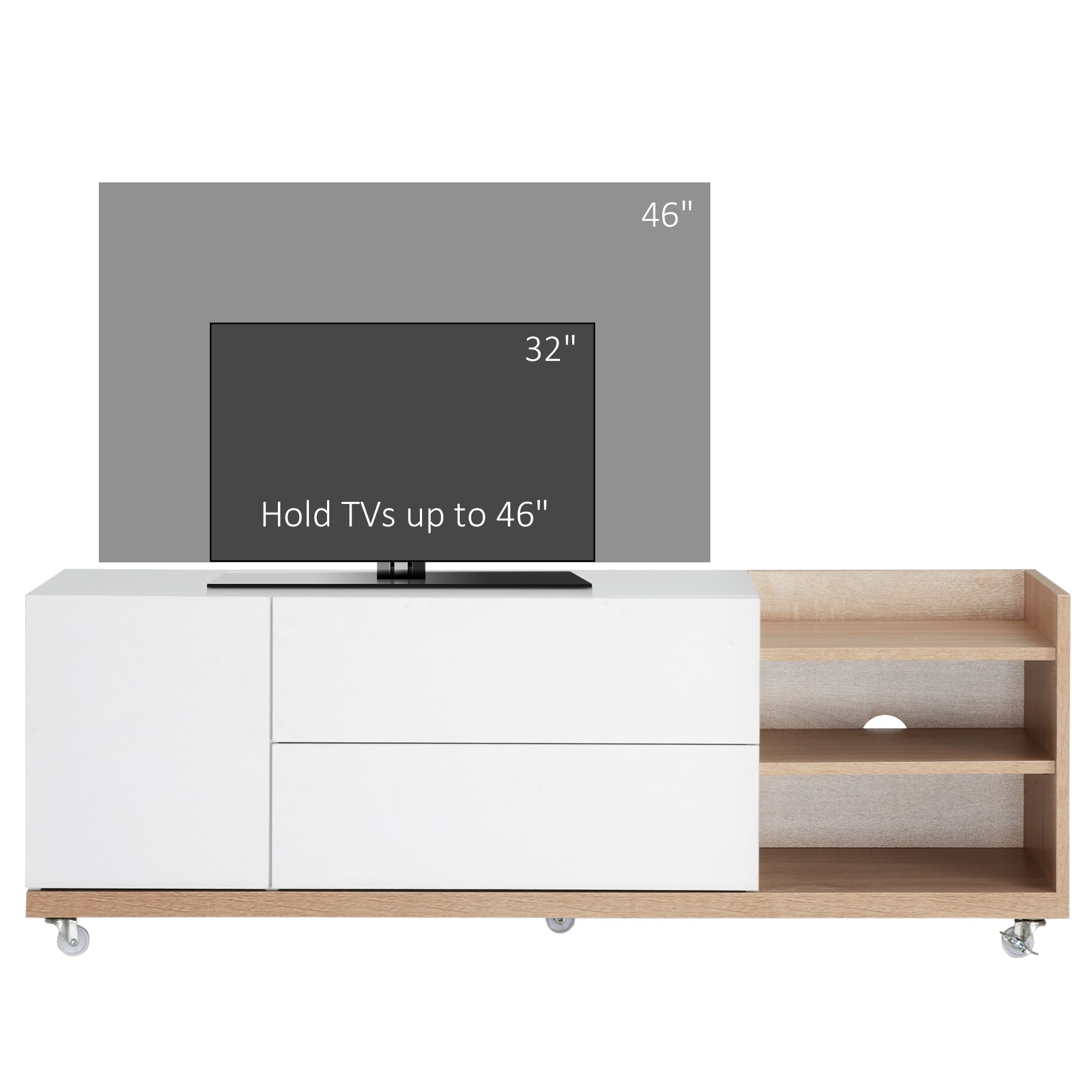 Modern TV Stand Unit for TVs up to 46" with Wheels, Storage Shelves and Drawers, 120cmx39cmx42cm, White and Natural