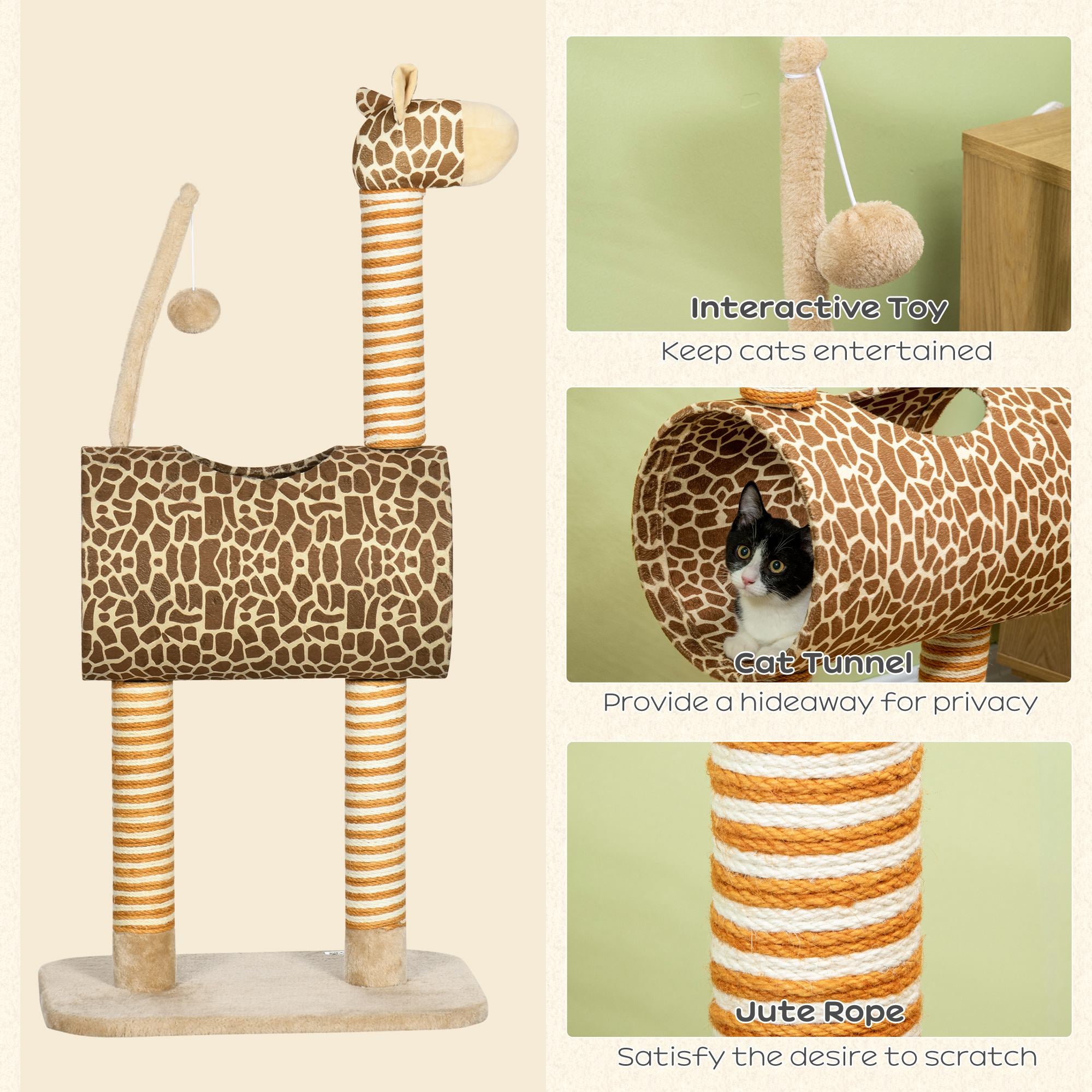 Cat Tree for Indoor Cats Cute Giraffe Kitten Play Tower with Scratching Posts Tunnel Ball Toy, 48.5 x 34.5 x 101 cm