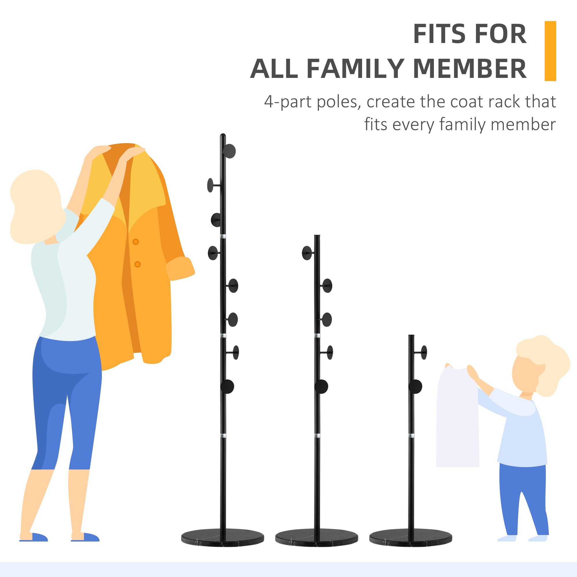 Coat Rack Free Standing Hall Tree with 8 Round Disc Hooks for Clothes, Hats,Purses, Steel Entryway Coat Stand with Marble Base, Black