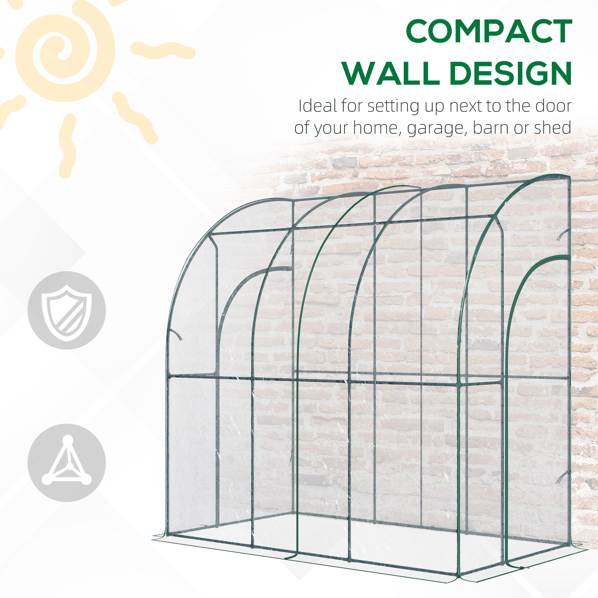 Outdoor Walk-In Lean to Wall Tunnel Greenhouse with Zippered Roll Up Door PVC Cover Sloping Top, Clear, Green 214cm x 118cm x 212cm