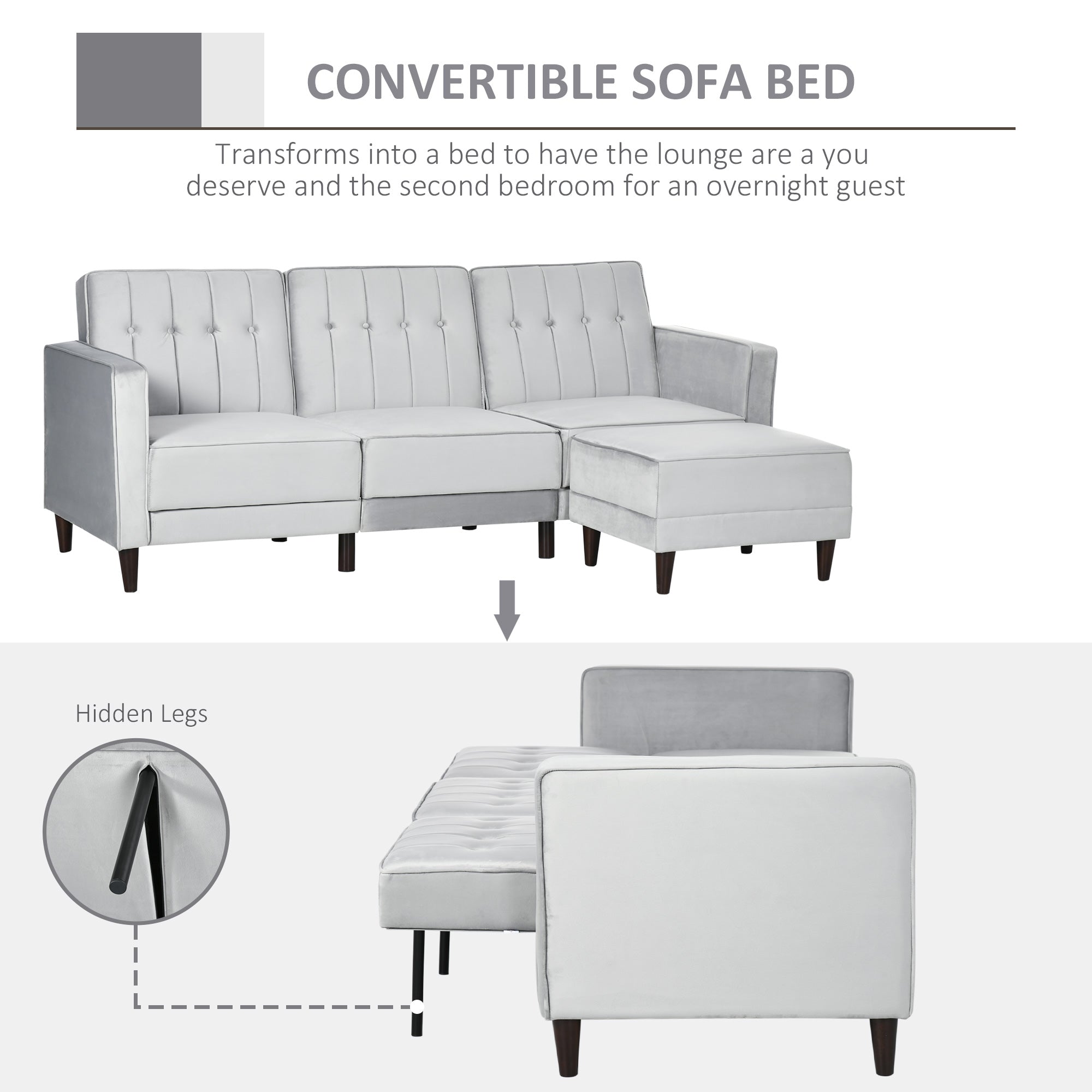 L Shape Sofa Bed Set with 3-Seater Sofa and Footstool, Corner Sofa Bed with Ottoman, Light Grey