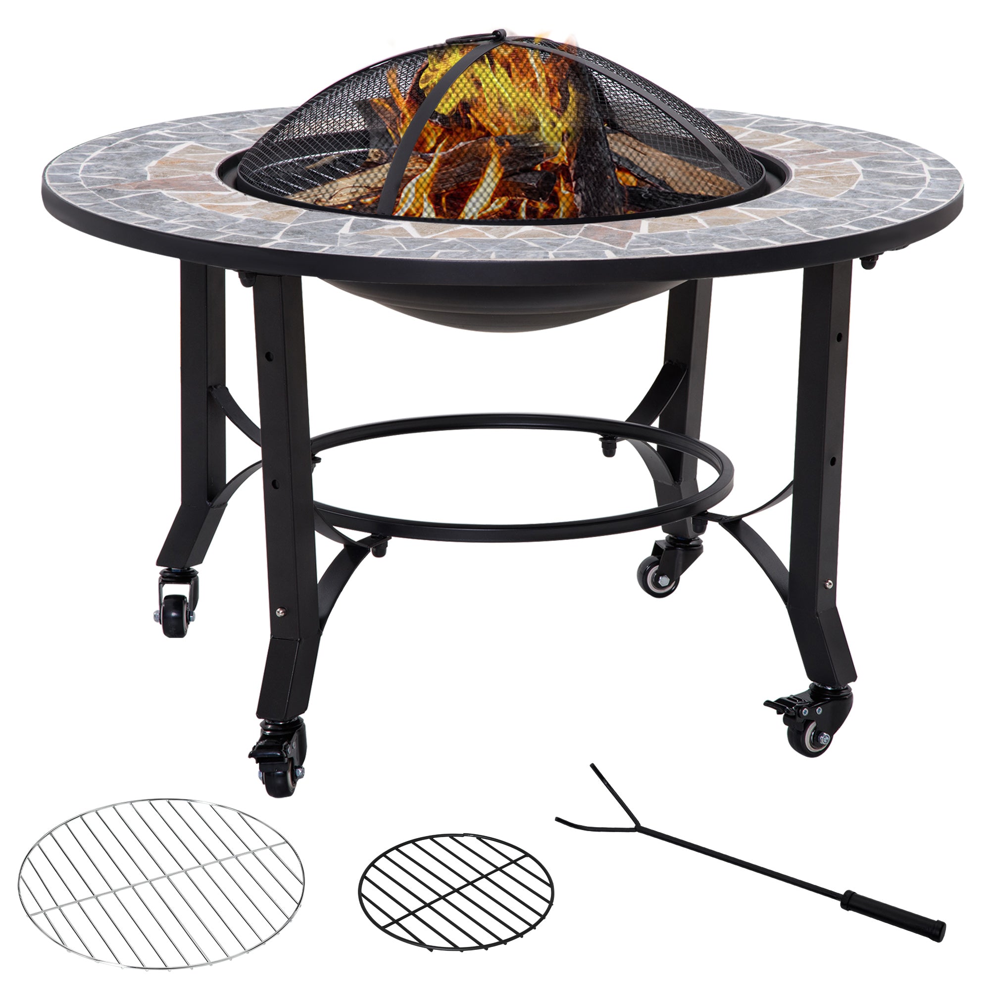 2-in-1 Outdoor Fire Pit on Wheels, Patio Heater with Cooking BBQ Grill, Firepit Bowl with Screen Cover, Fire Poker for Backyard Bonfire