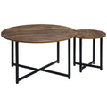 Round Nesting Coffee Table Set of 2 with Metal Frame Industrial Side End Tables - Rustic Brown