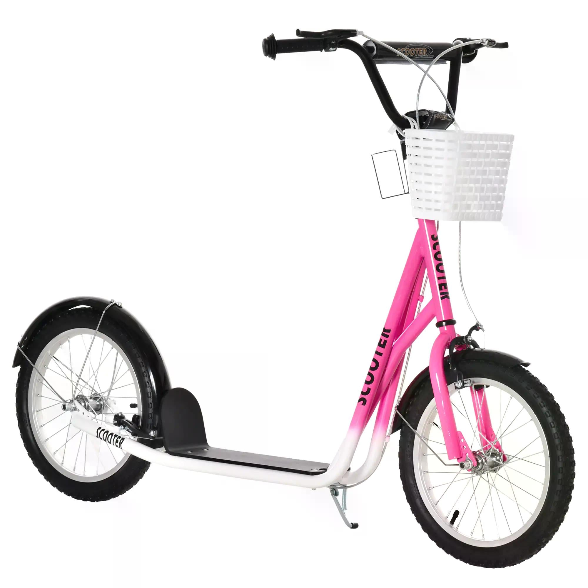 Kids Kick Scooter Teen Ride On Children Scooter with Adjustable Handlebar 2 Brakes Basket Cupholder Mudguard 16" Inflatable Rubber Tyres Pink