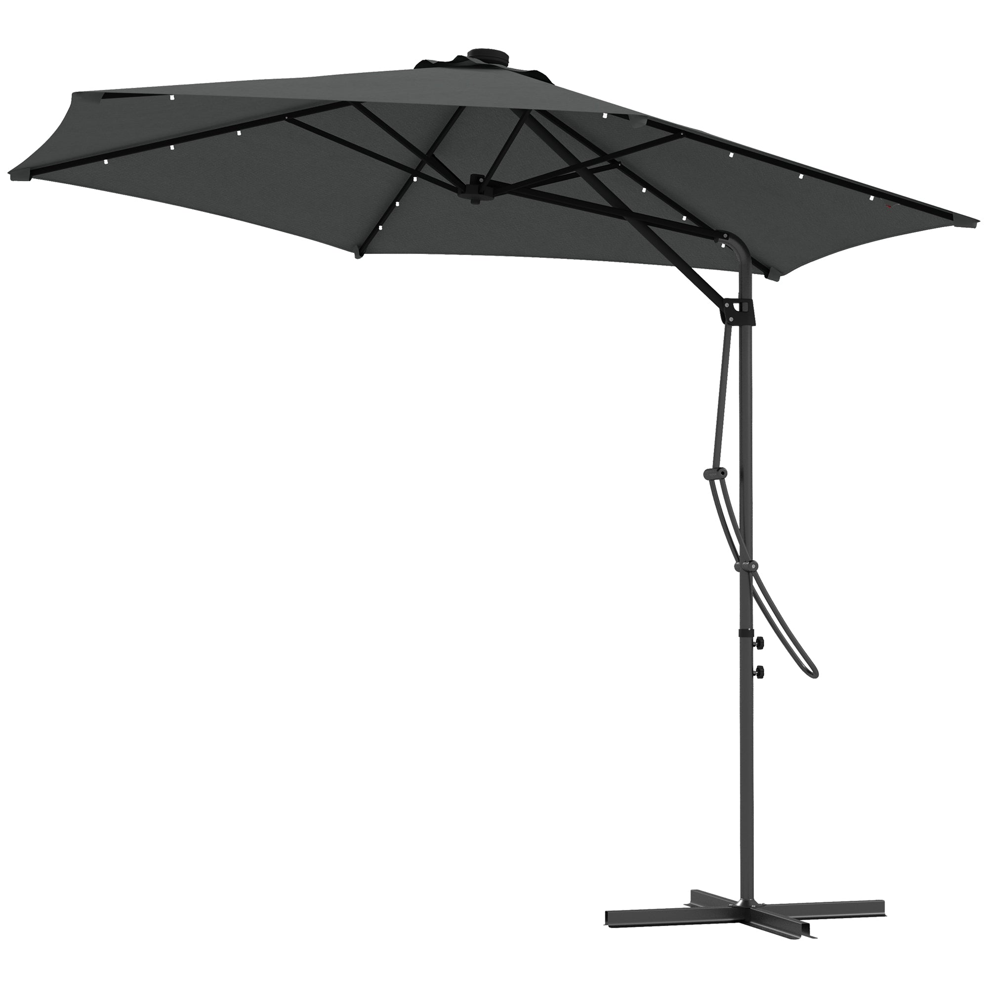 3(m) Garden Parasol Cantilever Umbrella with Solar LED, Cross Base and Waterproof Cover, Dark Grey