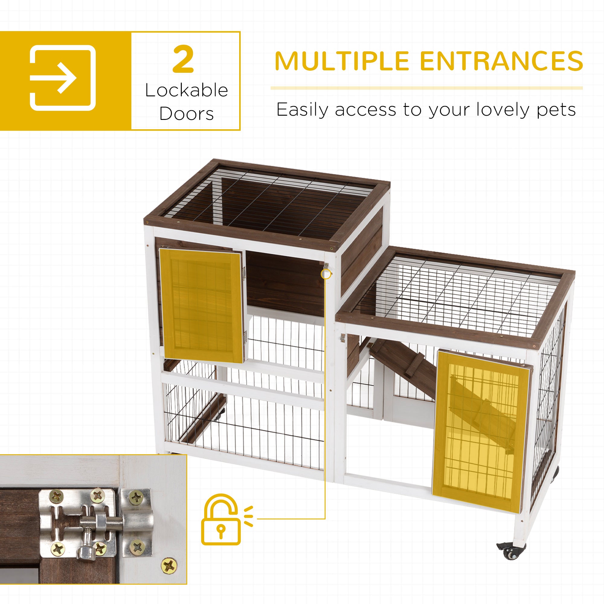 Wooden Indoor Rabbit Hutch Guinea Pig House Bunny Small Animal Cage W/ Wheels Enclosed Run 110 x 50 x 86 cm, Brown