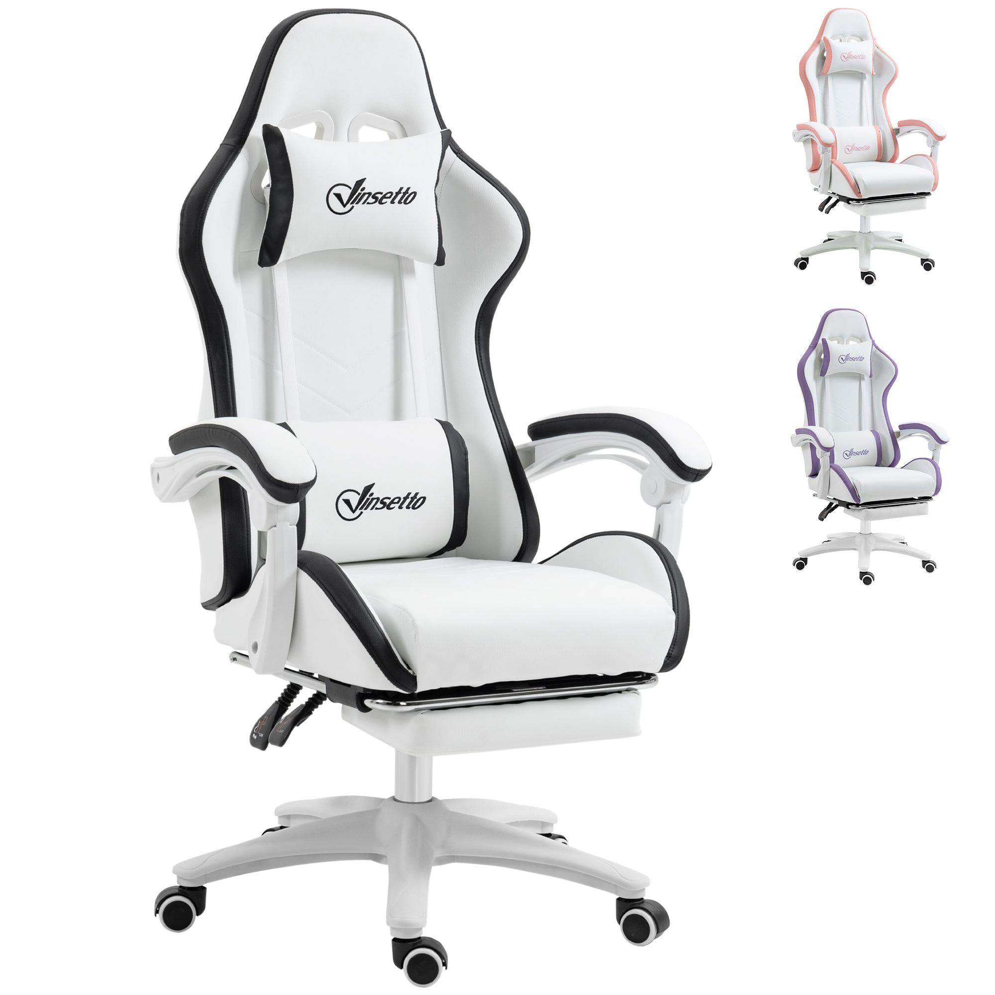 Racing Gaming Chair, Reclining PU Leather Computer Chair with 360 Degree Swivel Seat, Footrest, Removable Headrest White and Black