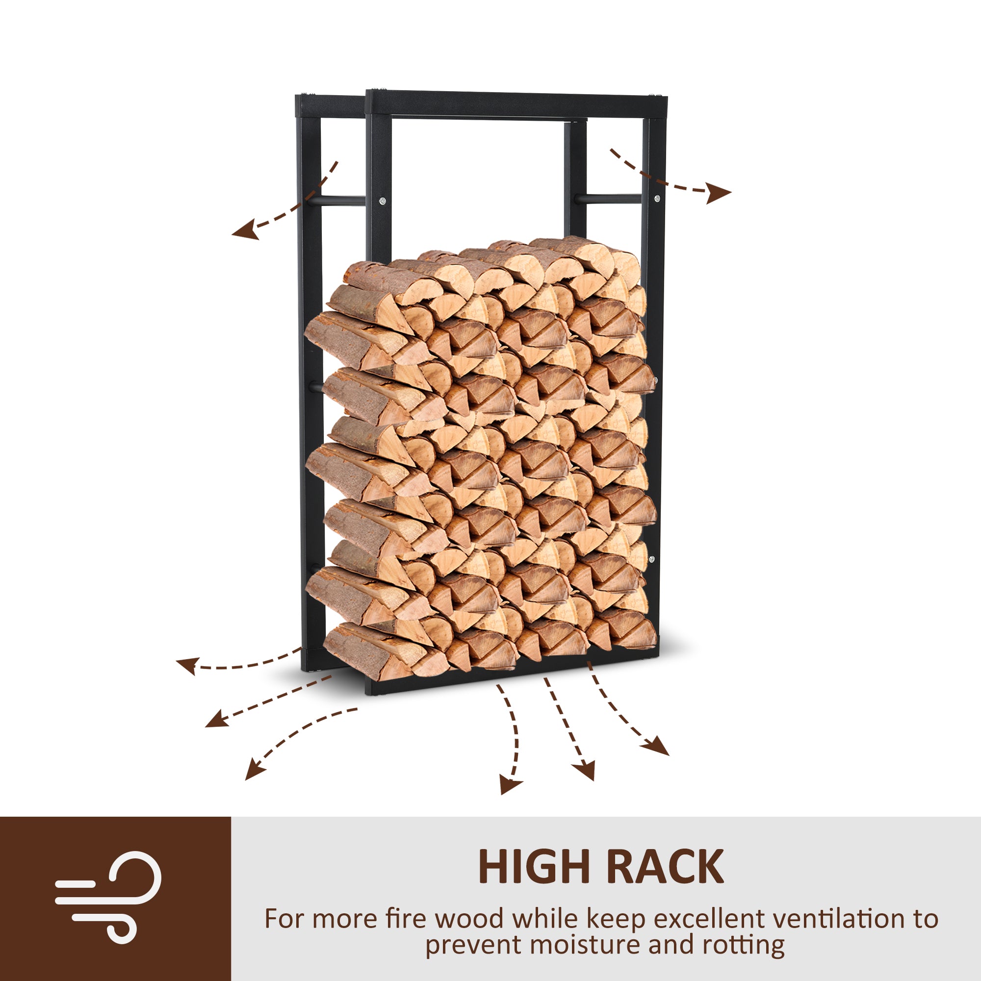 Metal Firewood Log Holder Tall Firewood Rack Indoor Outdoor Fireplace Wood Storage Shelf with Rust-Resistant, Black, 60W x 25D x 100H cm