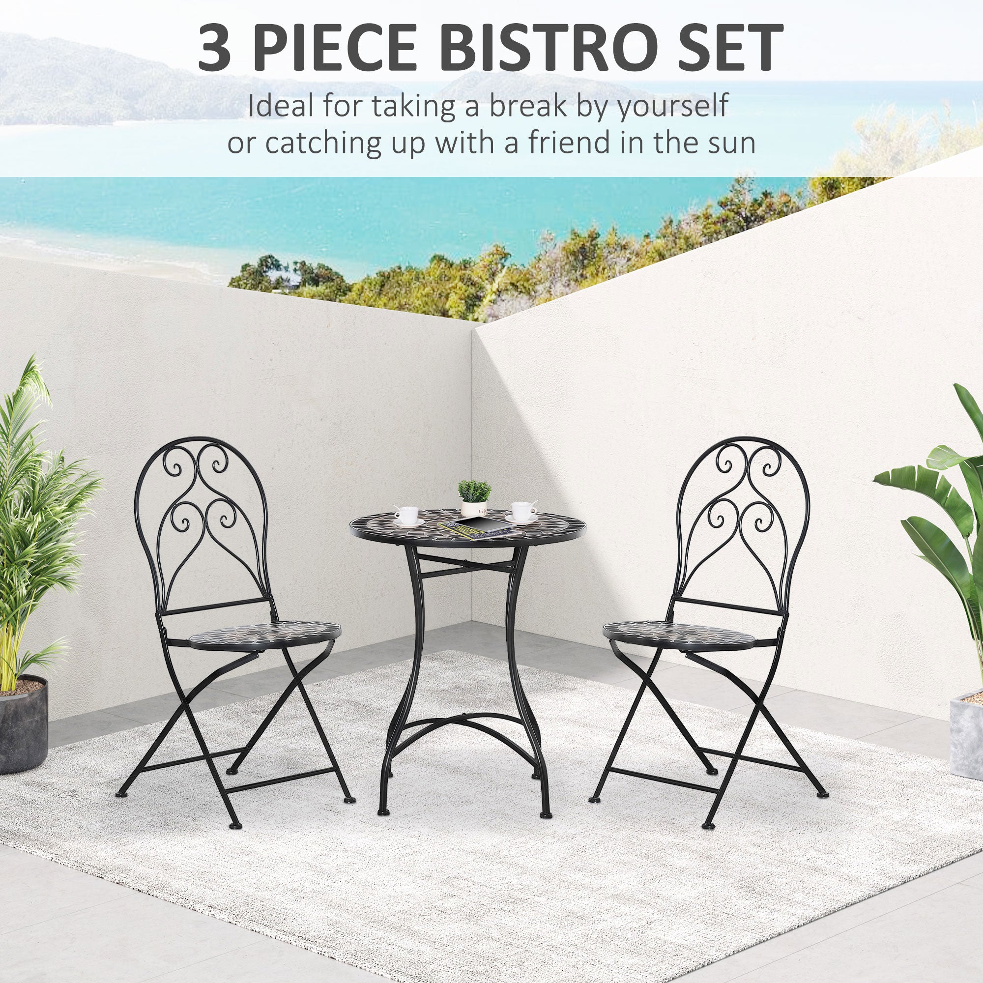 3 Piece Garden Outdoor Bistro Set with Coffee Table and 2 Folding Chairs, Mosaic Tile Top and Seats, Metal Frame, for Patio Balcony