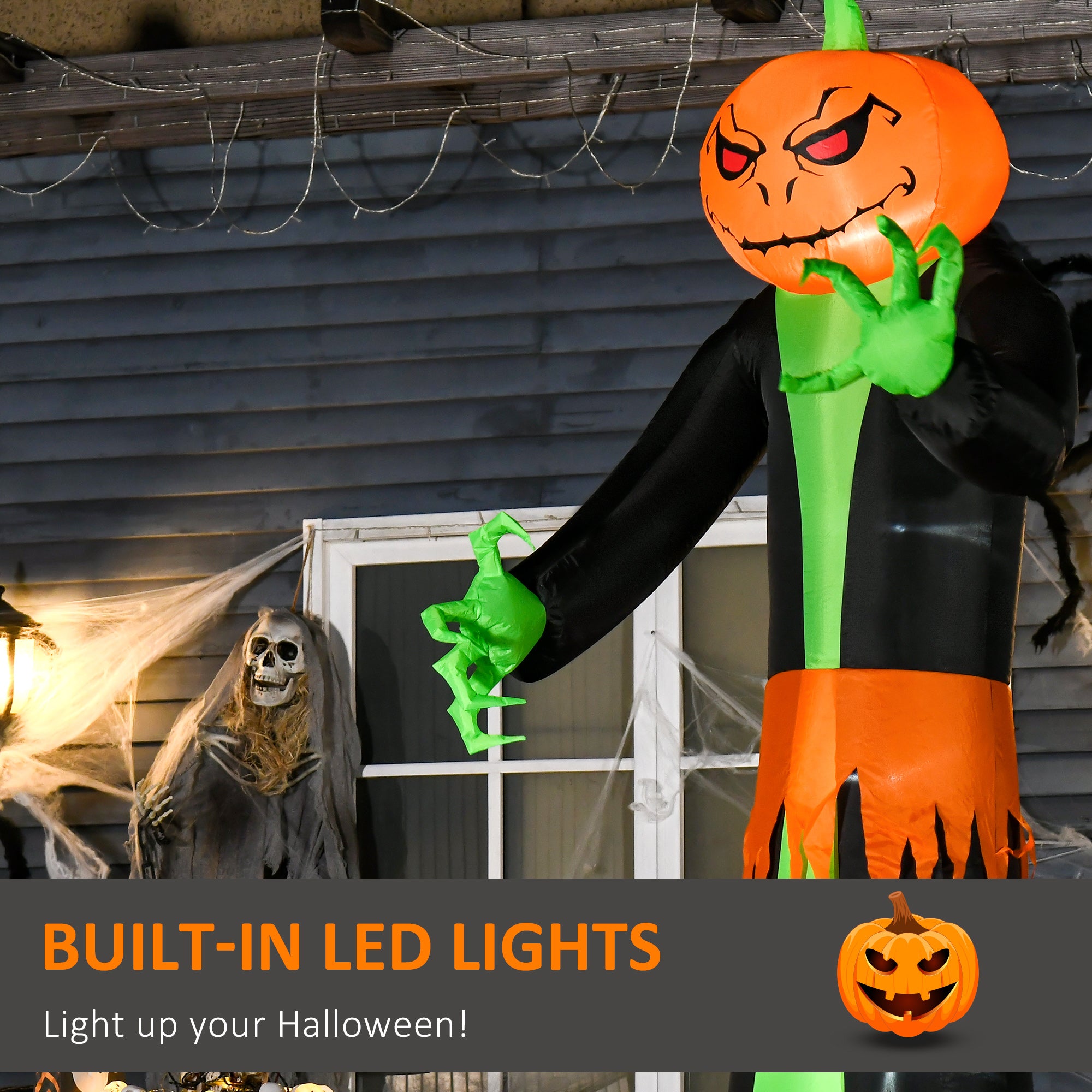 9FT Inflatable Halloween Pumpkin Ghost with Built-in LED Lights - Orange Green Black
