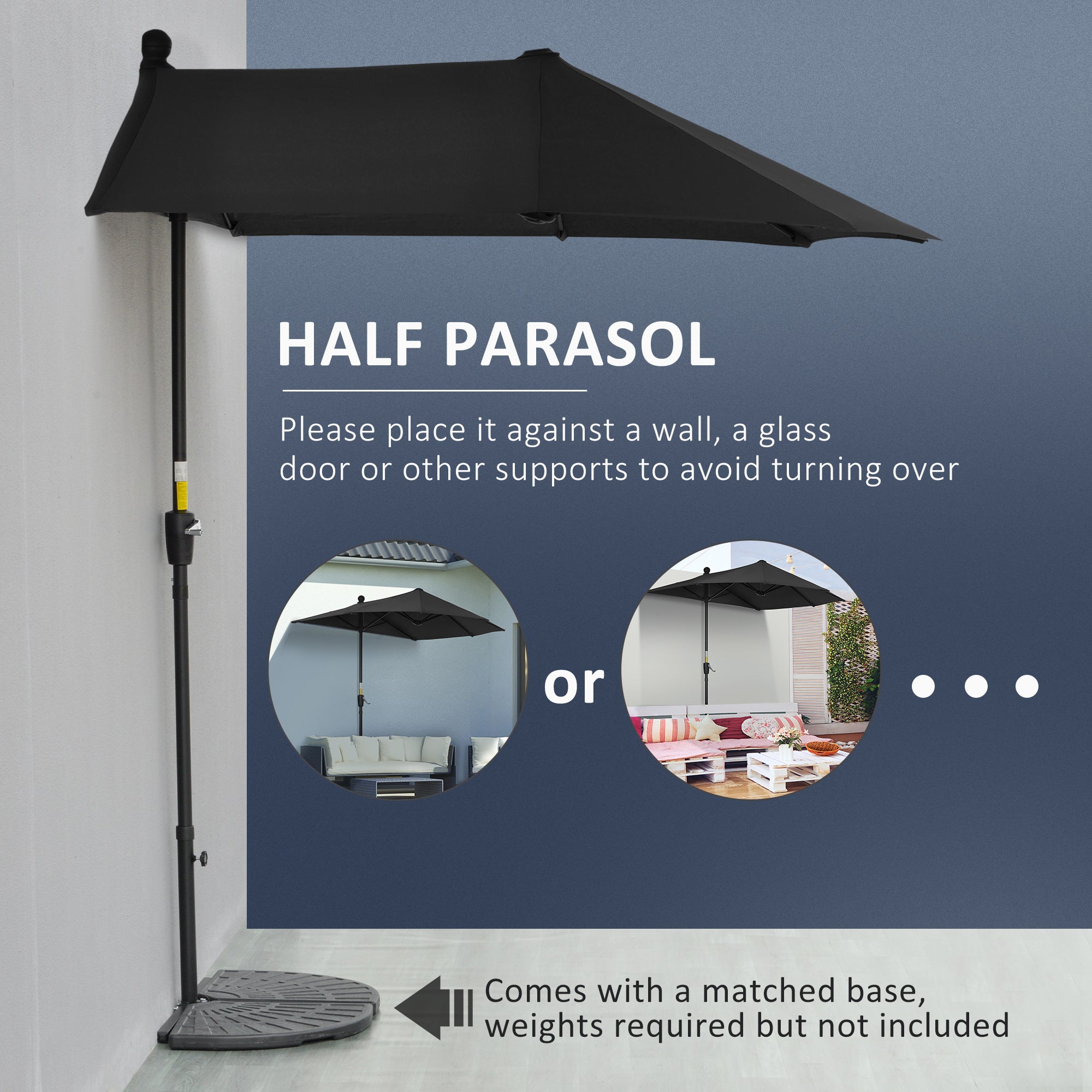 2m Half Parasol Market Umbrella Garden Balcony Parasol with Crank Handle, Base, Double-Sided Canopy, Black