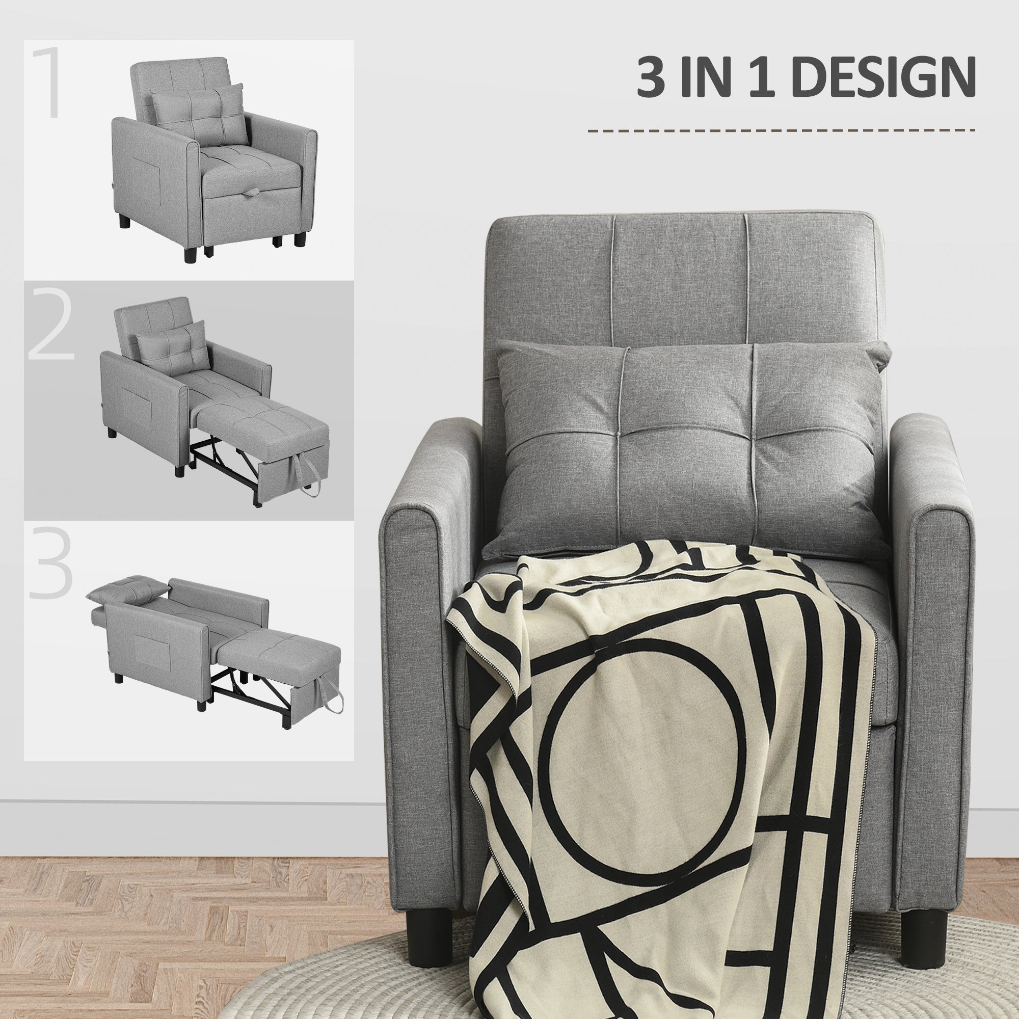 3-In-1 Convertible Chair Bed, Pull Out Sleeper Chair, Fold Out Bed with Adjustable Backrest, Side Pockets, Light Grey