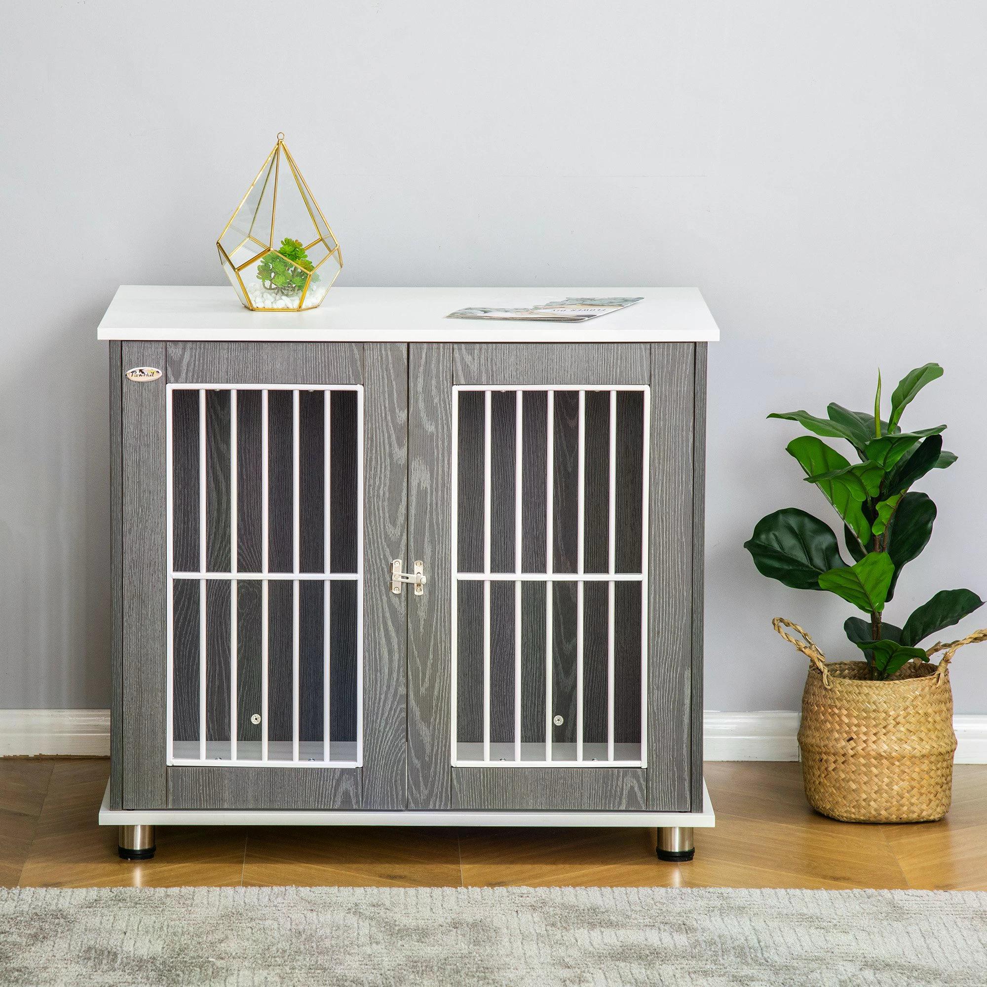 Dog Crate, Wooden Pet Kennel Cage with Lockable Door and Adjustable Foot Pads, Modern Design, Grey and White