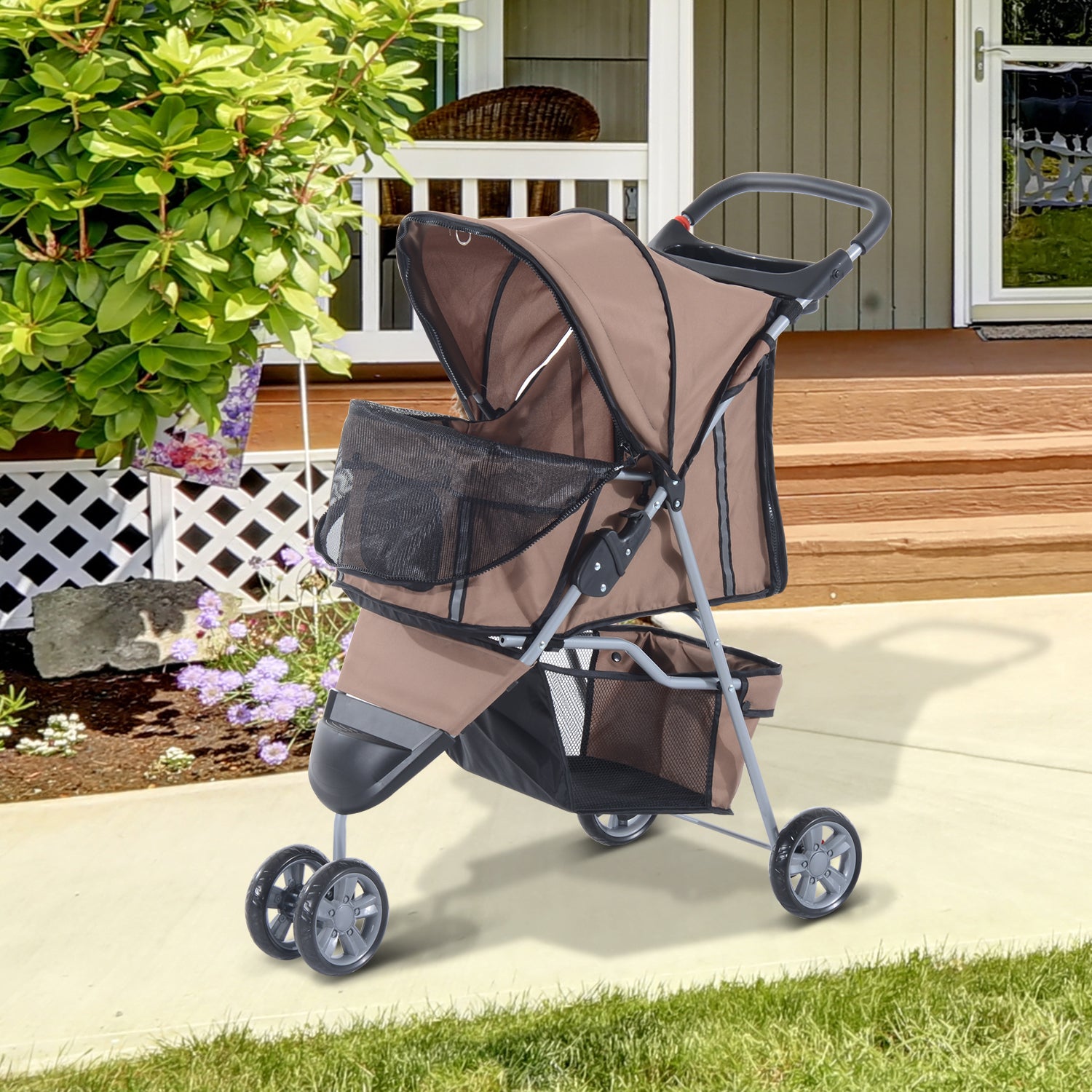 Dog Pram Pet Travel Stroller Dog Pushchair W/Three Wheels-Coffee