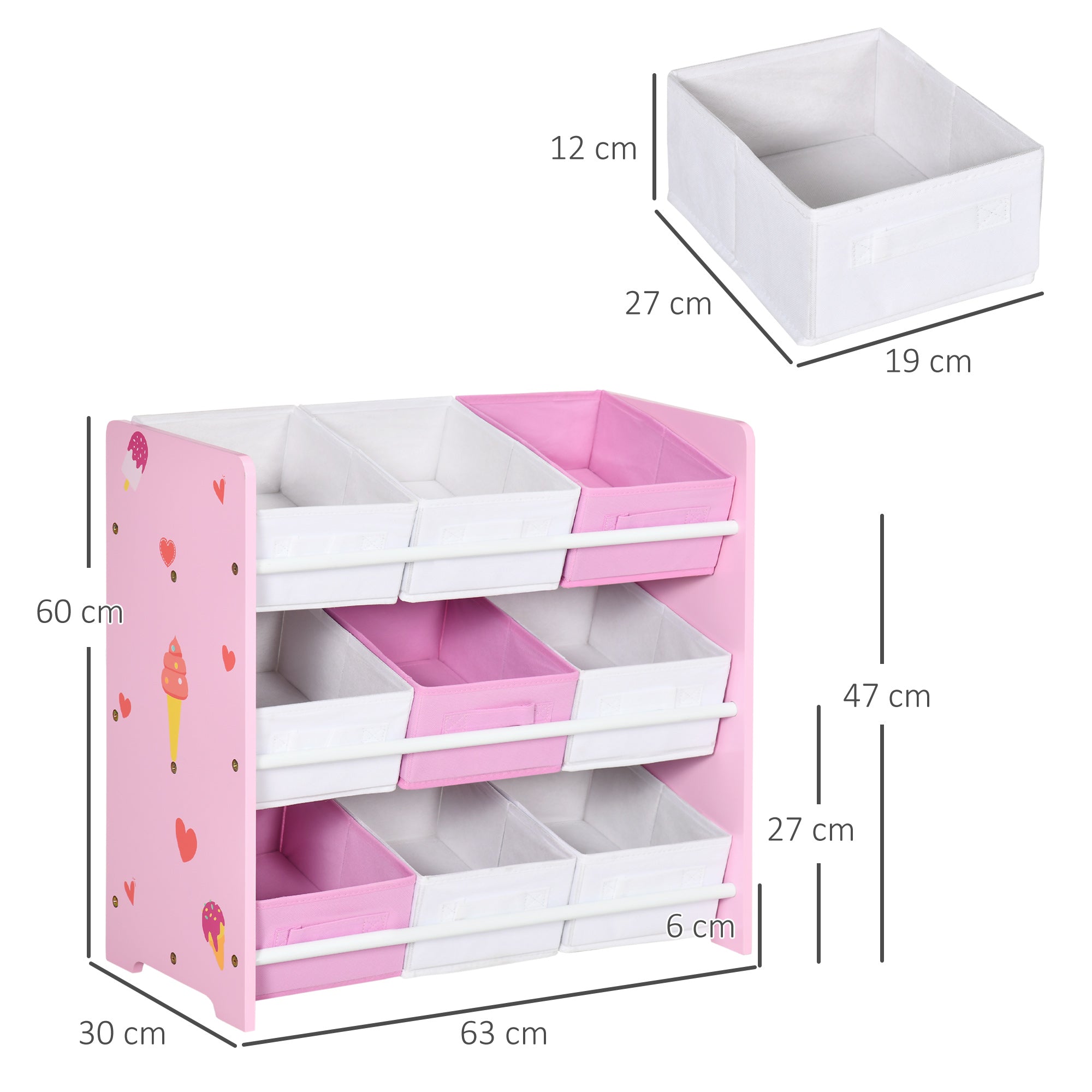 Kids Storage Unit with 9 Removable Storage Baskets, Toy Box Organiser with Shelf, Book Shelf for Nursery Playroom, Pink