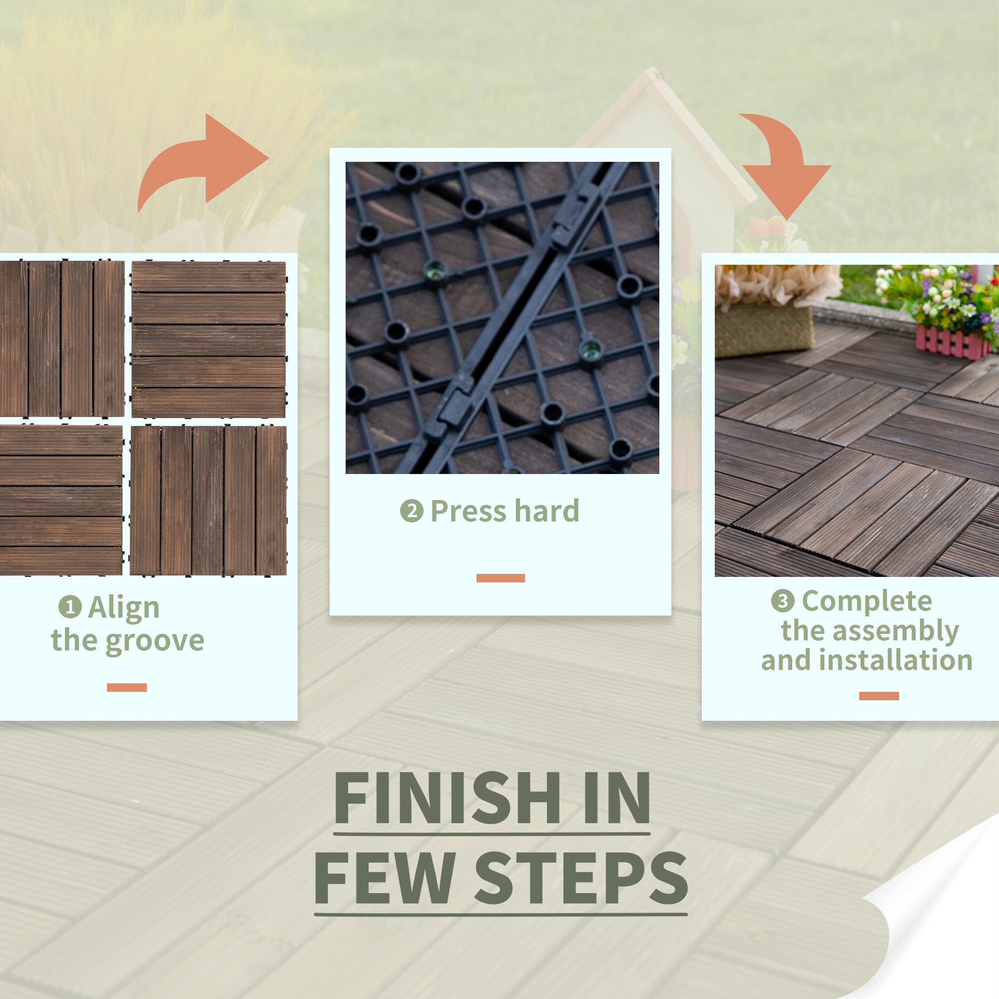 27-Piece Solid Wood Interlocking Decking Tiles Set 30x30cm - Black