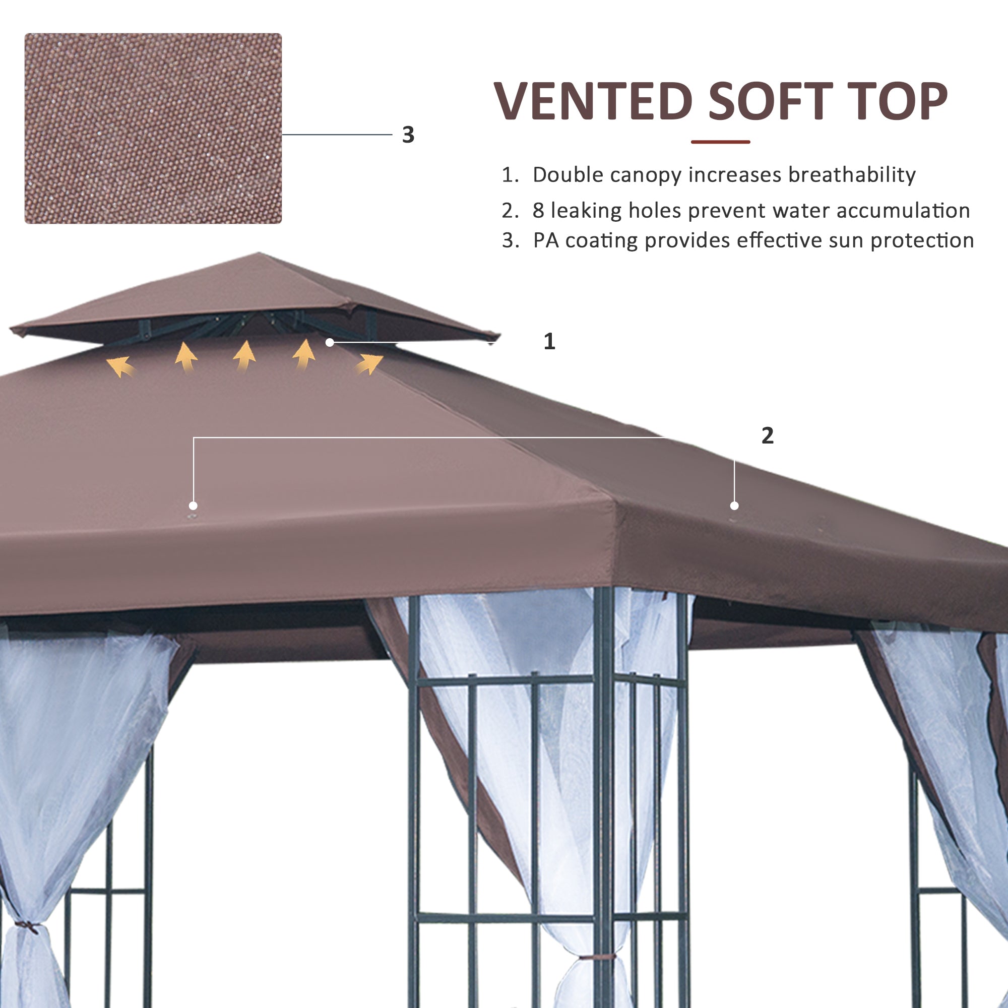 3 x 3(m) Patio Gazebo Canopy Garden Pavilion Tent Shelter with 2 Tier Roof and Mosquito Netting, Steel Frame, Coffee