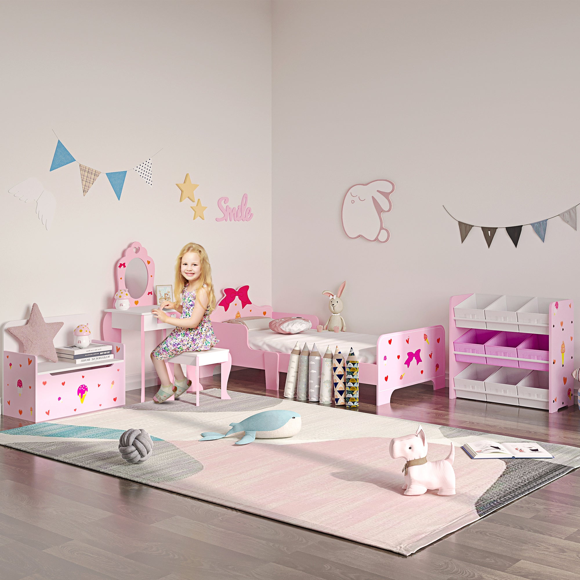 Princess-themed Kids Toddler Bed with Cute Patterns, Safety Side Rails Slats, Kids Bedroom Furniture for 3-6 Years, Pink, 143 x 74 x 59 cm