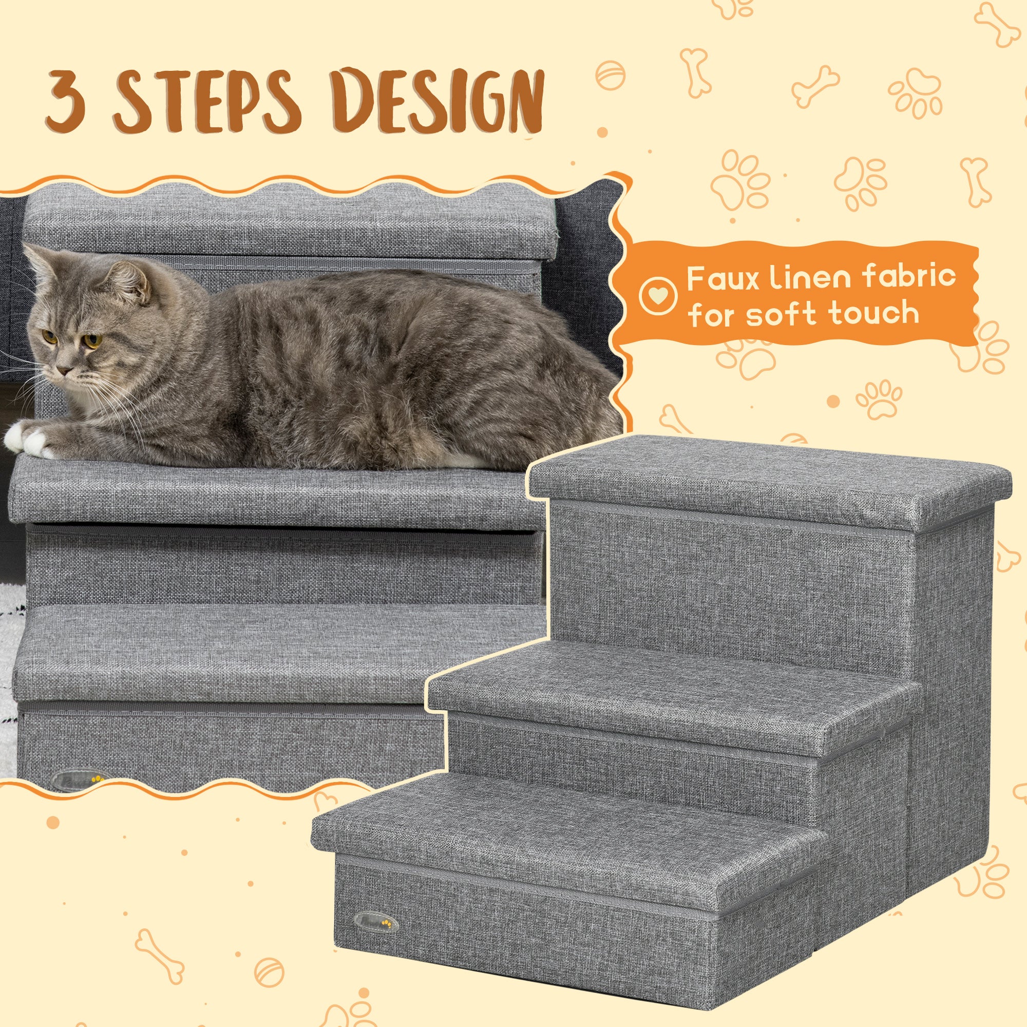 Cat Stairs with Storage Boxes, 3 Steps Dog Stairs for Bed, Pet Ladder for Couch Sofa, Easy Installation, 63.5 x 42.5 x 40.5 cm, Light Grey