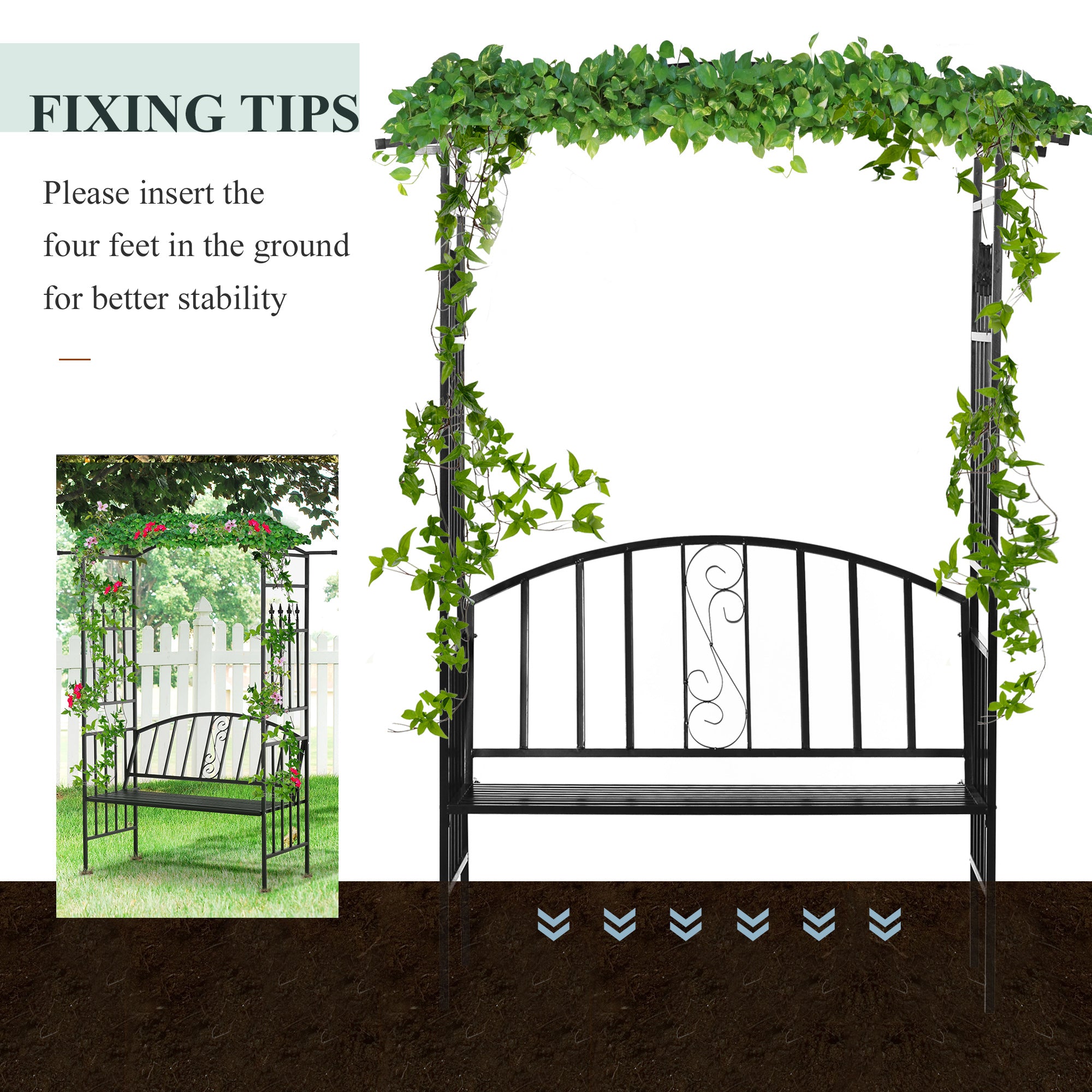 Garden Metal Arch Arbour with Bench Love Seat Chair Outdoor Patio Rose Trellis Pergola Climbing Plant Archway Tubular- 154L x 60W x 205Hcm