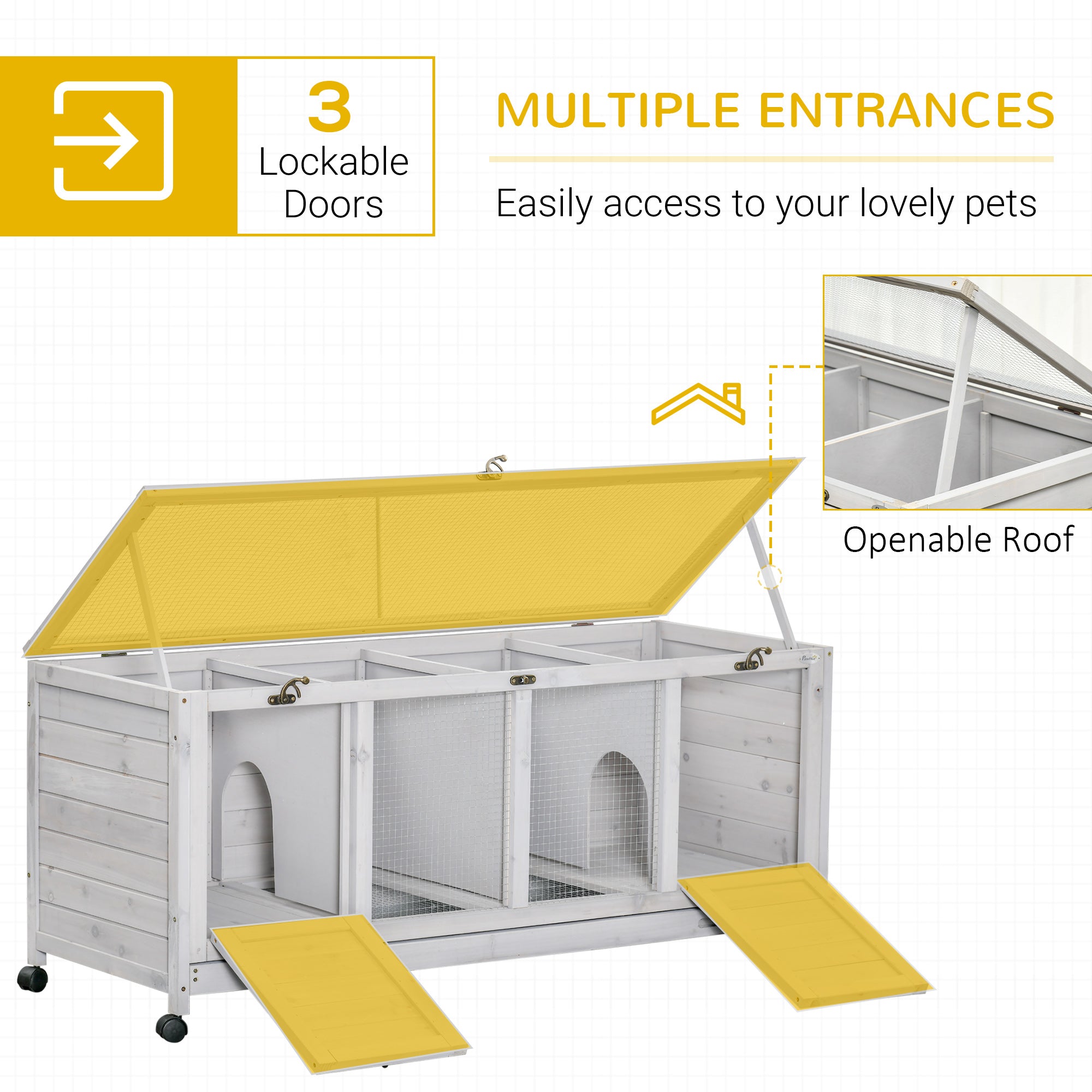 Wooden Rabbit Hutch, Mobile Guinea Pig Cage, Separable Bunny Run, Small Animal House with Wheels, Slide-out Tray, 138 x 53 x 61cm, Light Grey