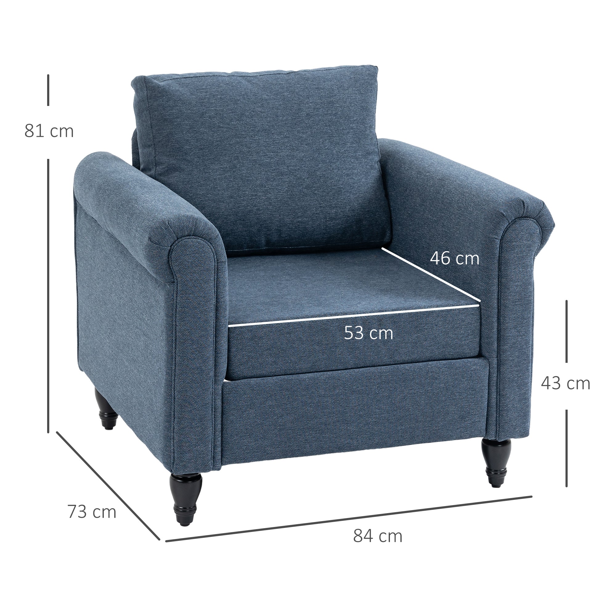 Vintage Accent Chair, Tufted Upholstered Lounge Armchair Single Sofa Chair with Rubber Wood Legs, Rolled Arms, Dark Blue